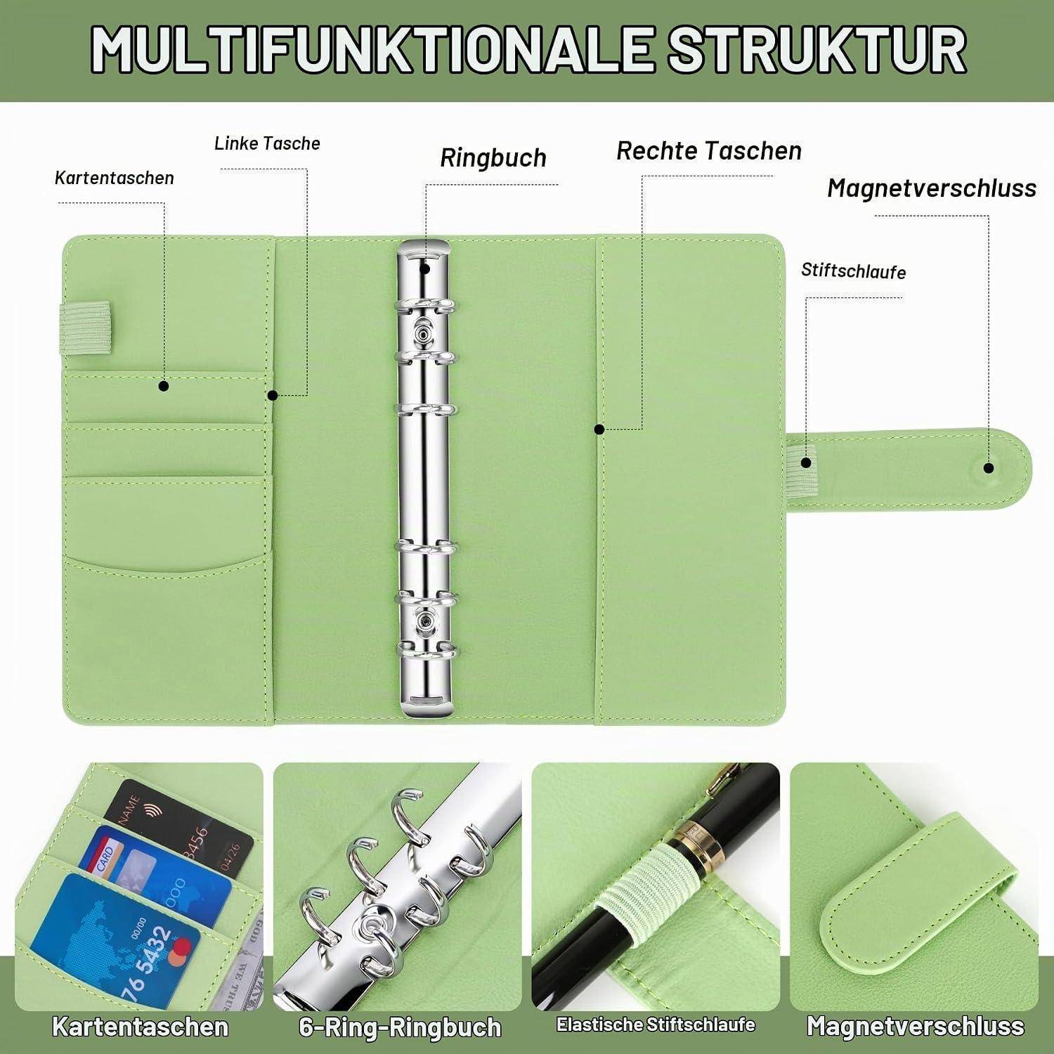 Beschriftetes Diagramm eines grünen Multifunktions-Binderdeckels mit Kartentaschen, linken und rechten Taschen, 6-Loch-Ringbindung, elastischer Stiftschlaufe und magnetischem Verschluss.