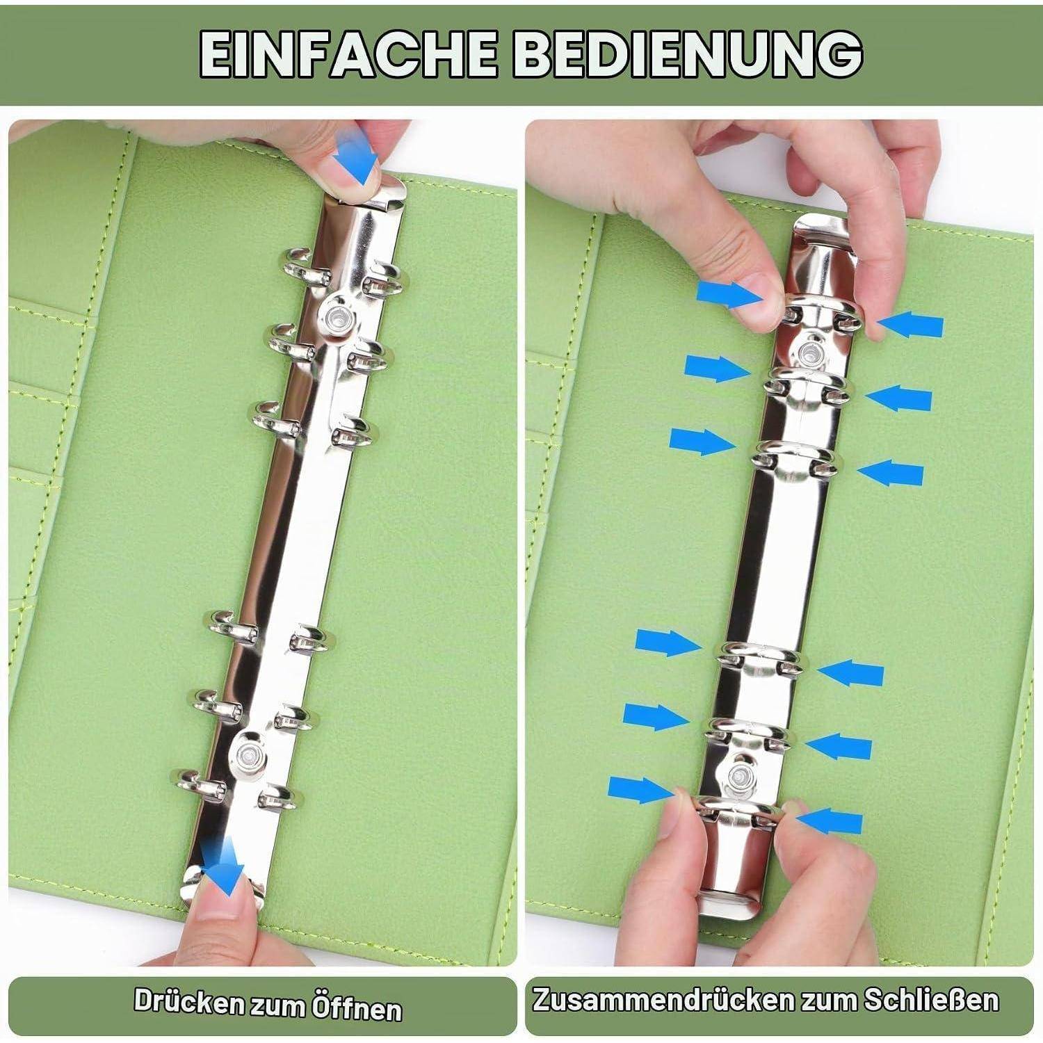 Anleitung für einen Ringordner: Drücken Sie die oberen und unteren Registerkarten, um zu öffnen, dann drücken Sie die Ringe zusammen, um zu schließen; mit der Aufschrift 
