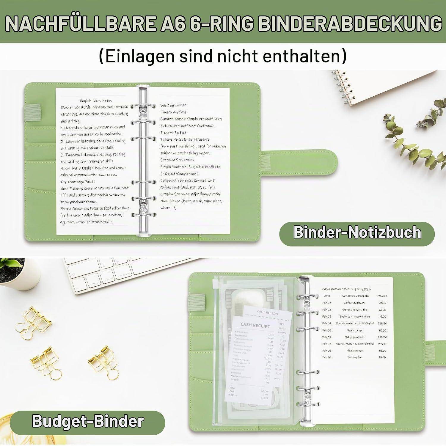 Nachfüllbarer A6 6-Ring-Binderumschlag mit Notizbuch und Budget-Binderbeispielen, offen auf einem Schreibtisch dargestellt.