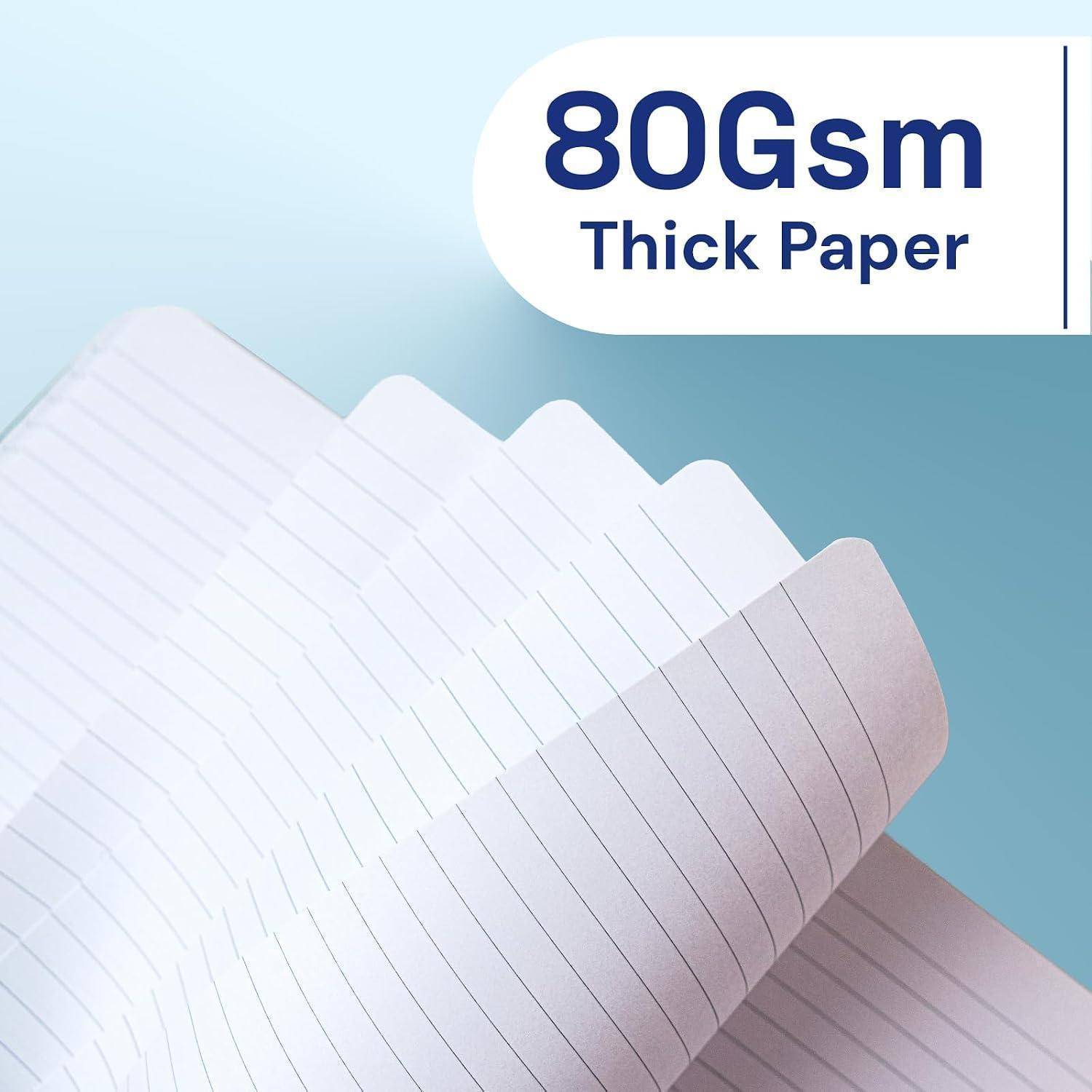 Werbebild von liniertem Notizbuchpapier mit der Bezeichnung „80 g/m² dickes Papier