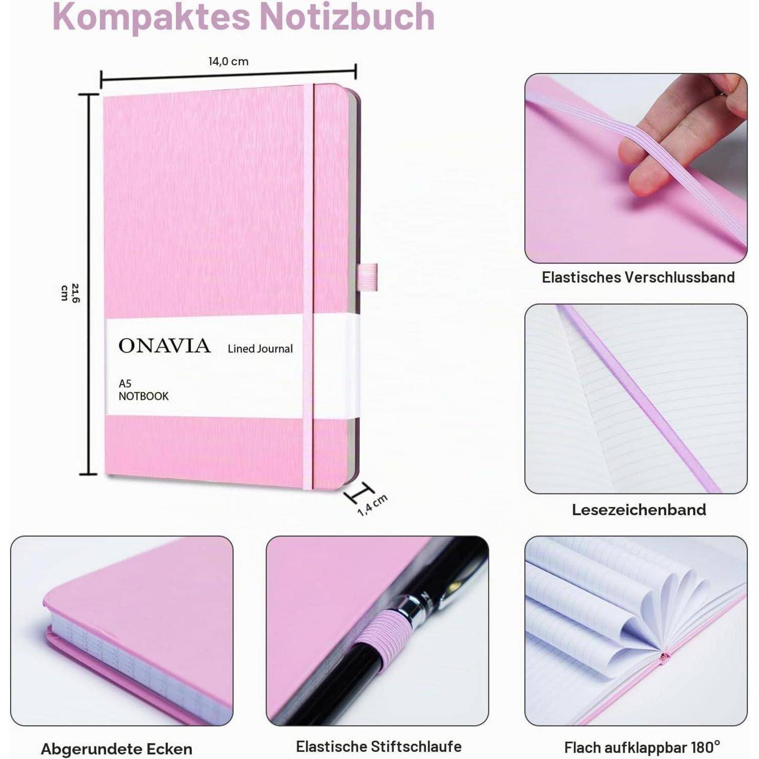 Rosa A5-Notizbuch Produktbild mit Abmessungen und Funktionshinweisen: Elastisches Verschlussband, Lesezeichen mit Band, abgerundete Ecken, Stiftschlaufe und öffnet flach bis 180°.