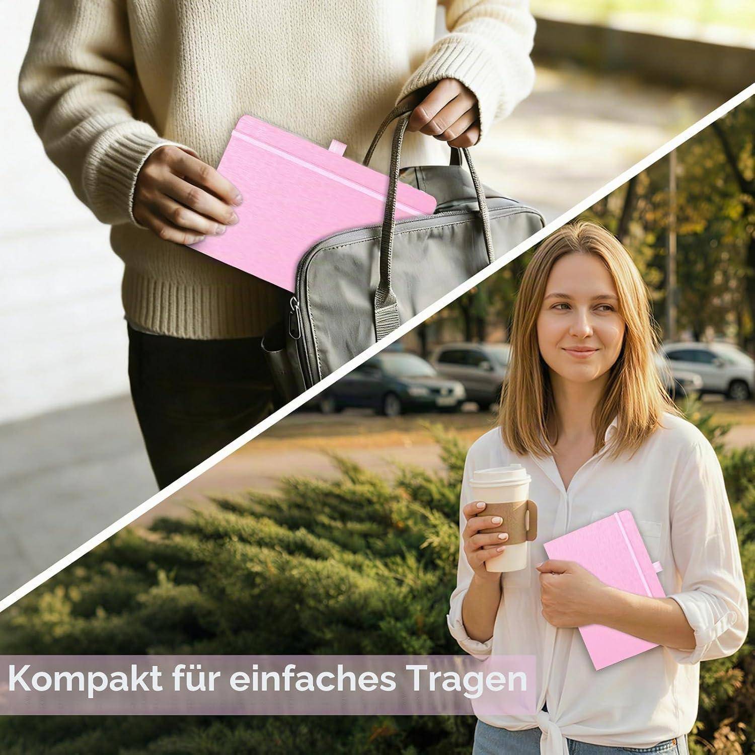 Geteiltes Bild, das zeigt, wie ein kompakter rosa Ordner oder ein Notizbuch in einen Rucksack gelegt wird, und eine Frau, die denselben Ordner und eine Kaffeetasse im Freien hält; der Text lautet „Kompakt für einfaches Tragen