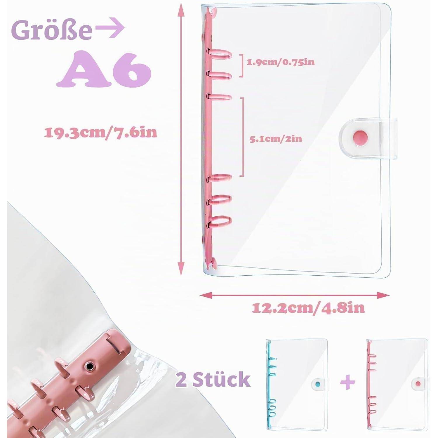 A6 transparente Ringbinderblock-Abdeckung mit Knopfverschluss, gezeigt in Pink; Abmessungen 19,3 cm x 12,2 cm, Ringschwünge 5,1 cm, 2 Stück enthalten.