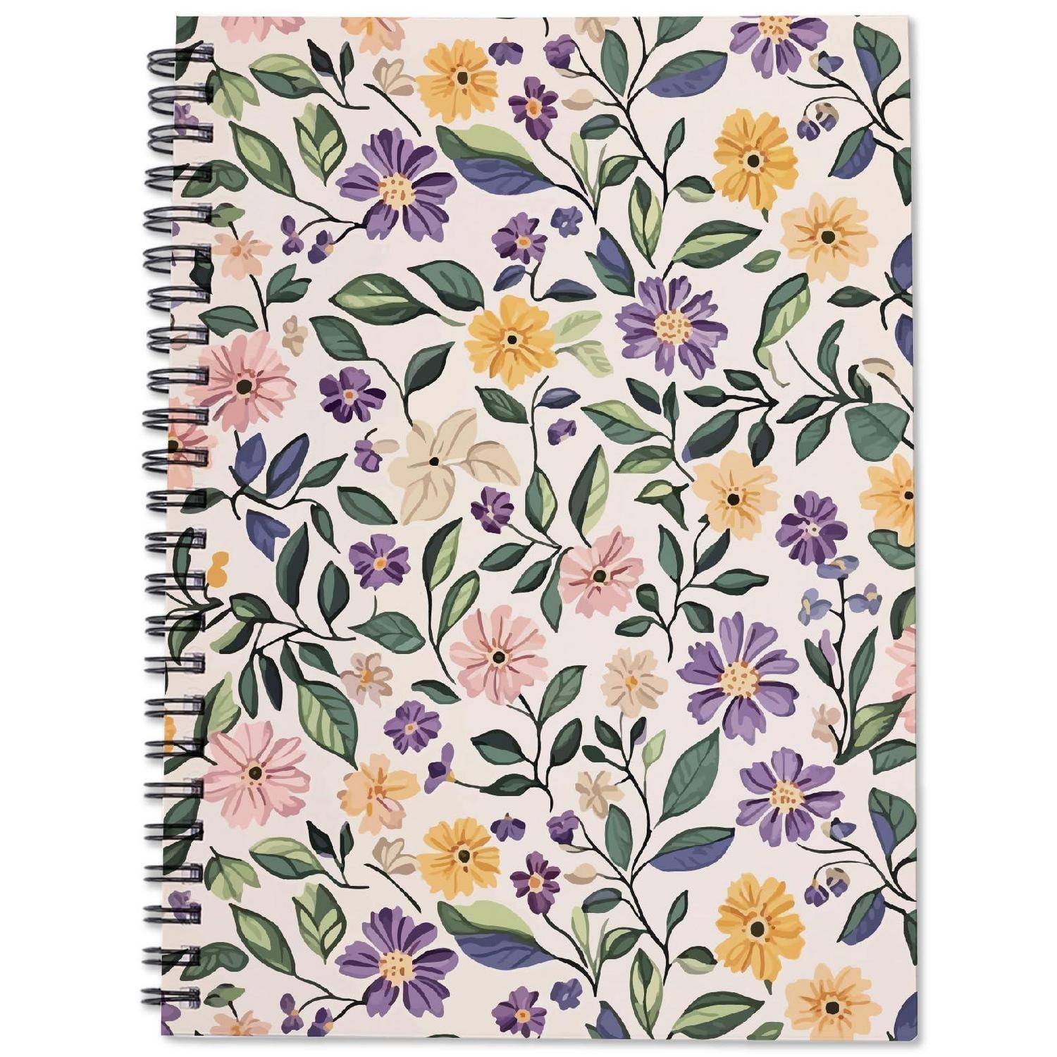 Floralnotizen-Notizbuch mit Spiralbindung und pastellfarbenem Umschlag mit lila, gelben, rosa und cremefarbenen Blüten sowie grünen Blättern.