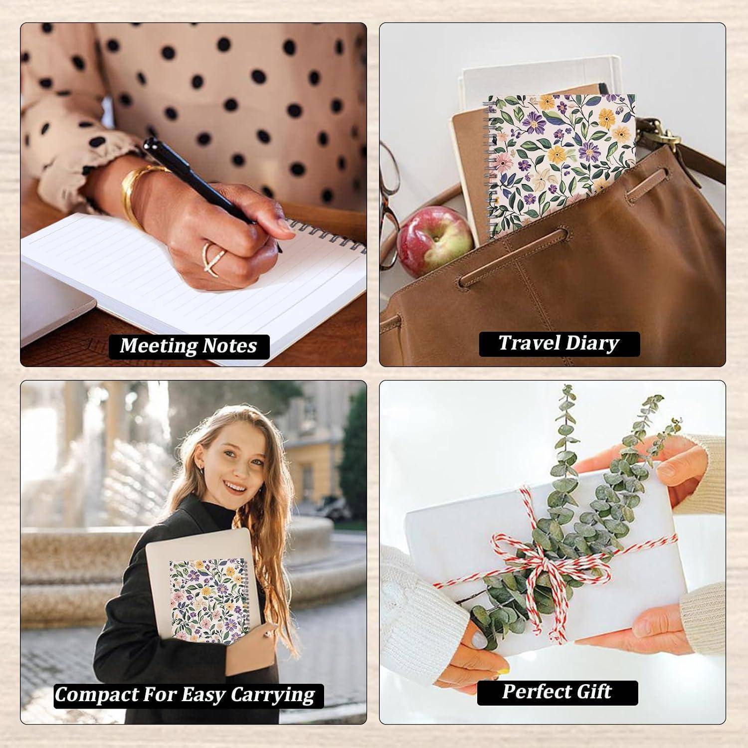 Collage mit einem Blumennotebook, das für Besprechungsnotizen, Reisetagebuch, einfaches Transportieren und als Geschenkpräsentation verwendet wird.