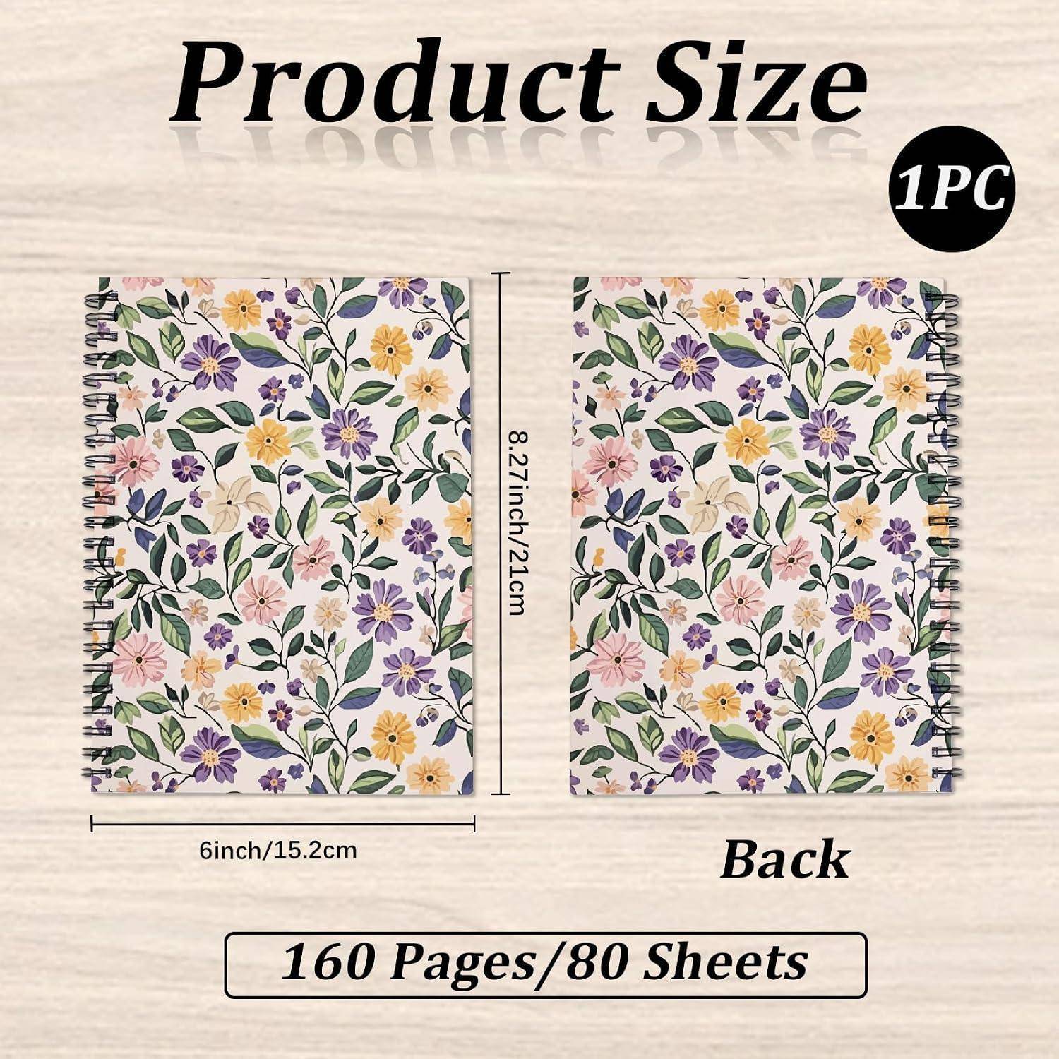 Größendiagramm eines floralen Spiralnotizbuchs, das Vorder- und Rückseite zeigt, 6 x 8,27 Zoll (15,2 x 21 cm), 160 Seiten/80 Blätter, 1 Stück.
