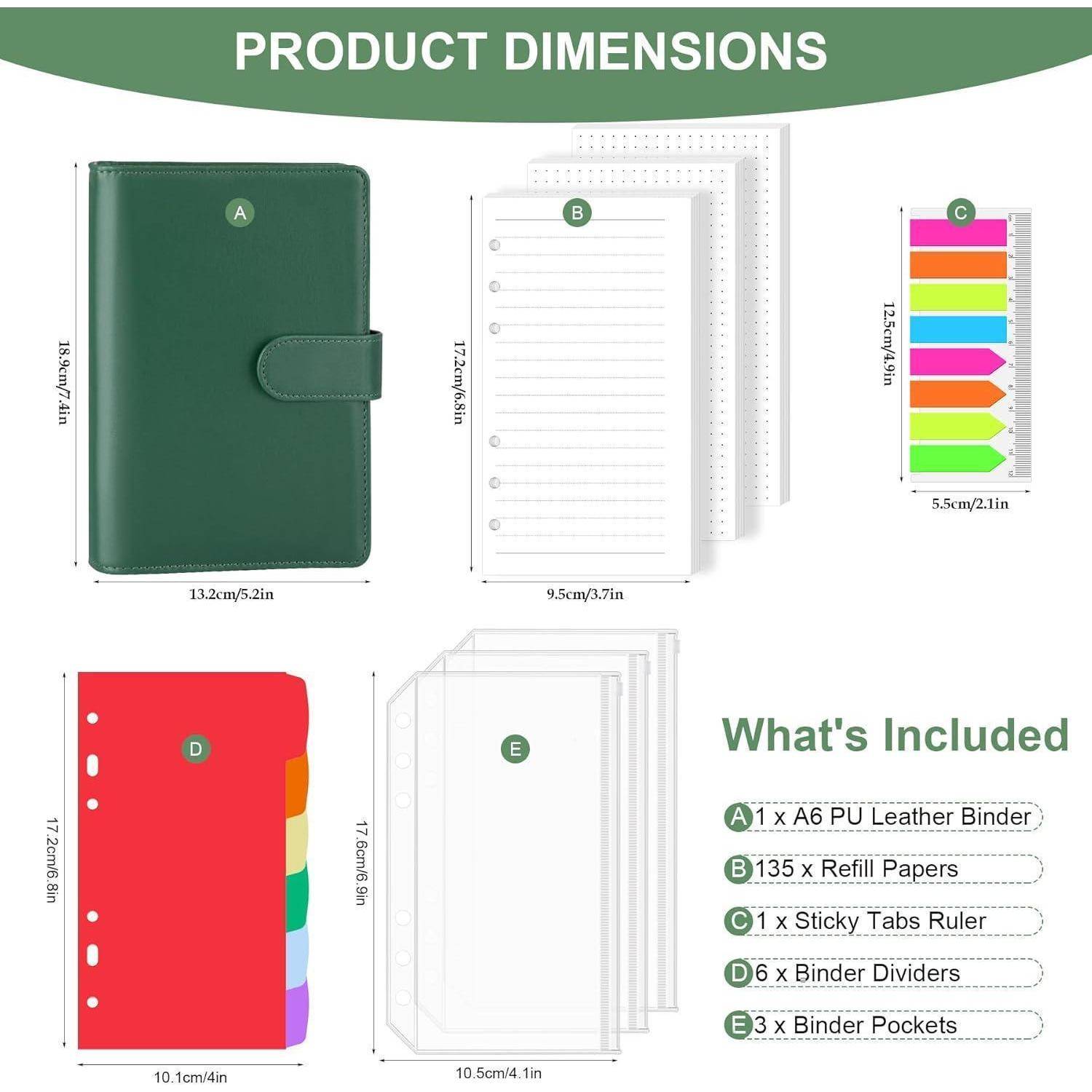 Produktabmessungen und Inhalt für ein Planer-Ordner-Set: grüner A6 PU-Leder-Ordner, Nachfüllpapiere, Klebetabs-Lineal, Ordner-Trennblätter und Ordner-Taschen.