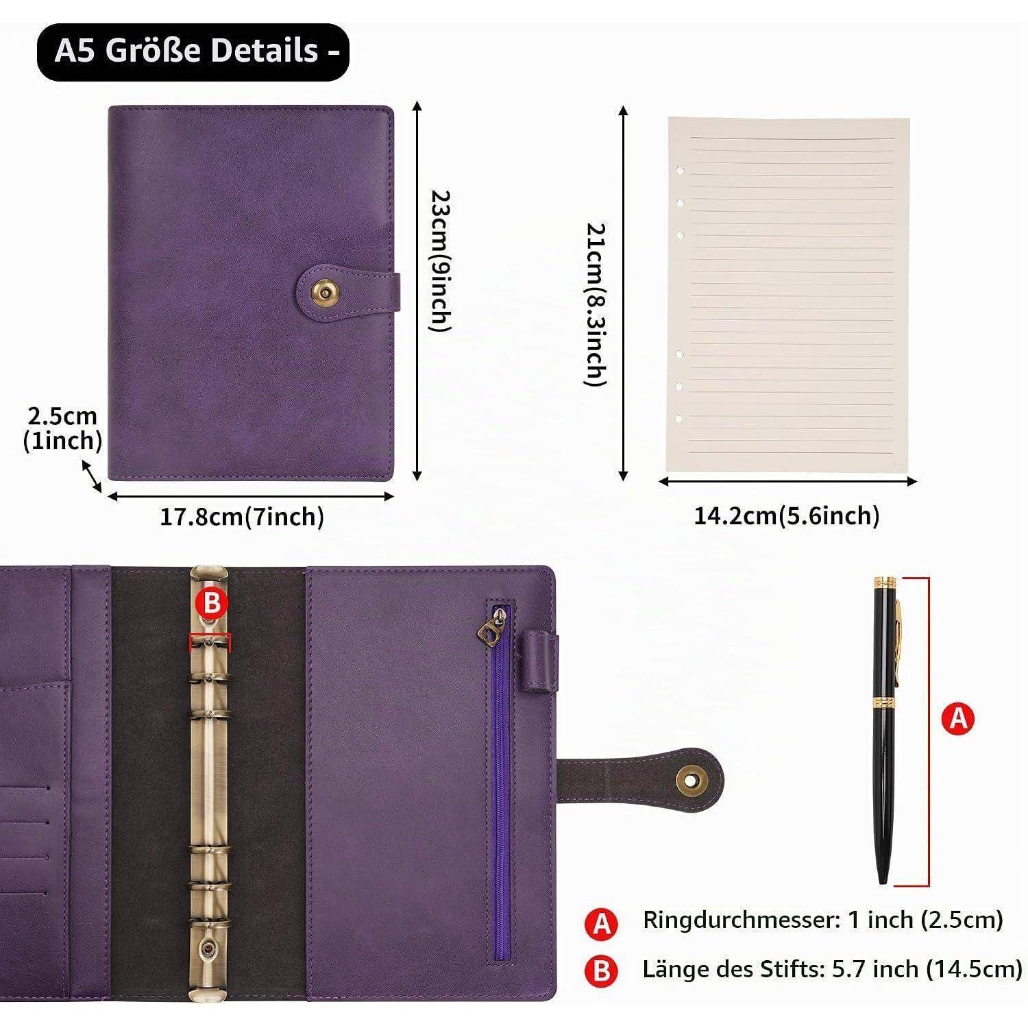 A5 violette Ledernotizbuchtülle mit Stifthalter und Reißverschluss, dargestellt mit Abmessungen: Umschlag 23 x 17,8 x 2,5 cm, Einlage 21 x 14,2 cm, Stift 14,5 cm.