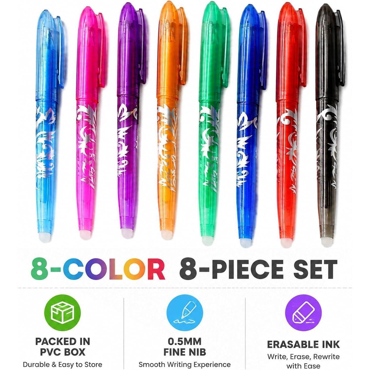 Werbeabbildung eines 8-teiligen Kugelschreiber-Sets mit 8 Farben, löschbarer Tinte und 0,5 mm feiner Spitze, verpackt in einer PVC-Box.