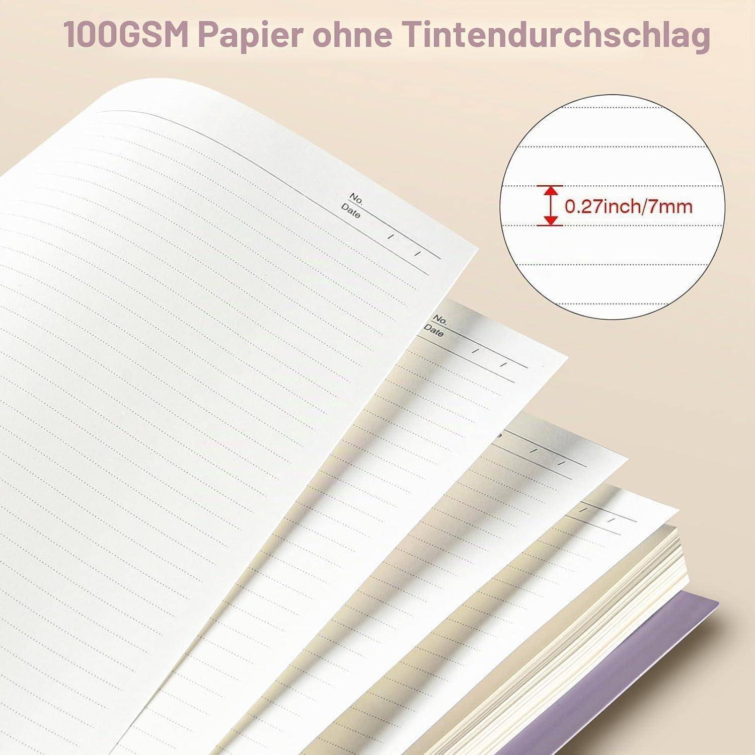 Stapel aus weißem liniertem Notizbuchpapier mit der Bezeichnung 100GSM und einem 7-mm-Zeilenabstand, dargestellt in einer kreisförmigen Nahaufnahme.