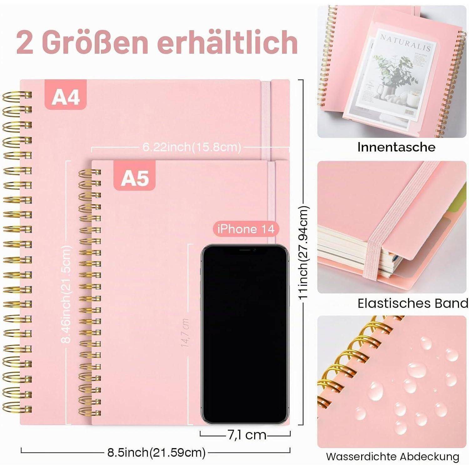 Rosa Spiralhefte in A4- und A5-Größen mit gekennzeichneten Merkmalen: innere Tasche, Gummiband, wasserdichter Umschlag und angezeigte Abmessungen.