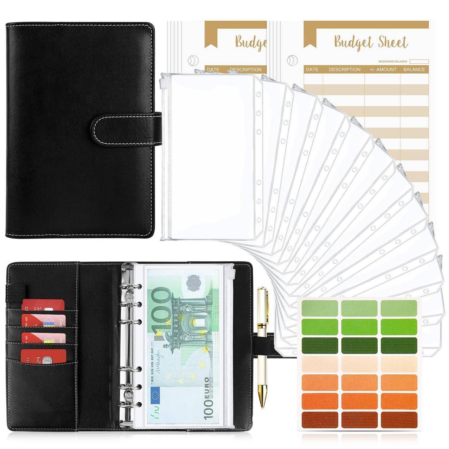 Schwarzes Leder-Budgetierungsmappe mit Ringseiten, Budgetblättern, Stift, Eurogeldschein, Kartensteckplätzen und Farbaufklebern zur Finanzorganisation.
