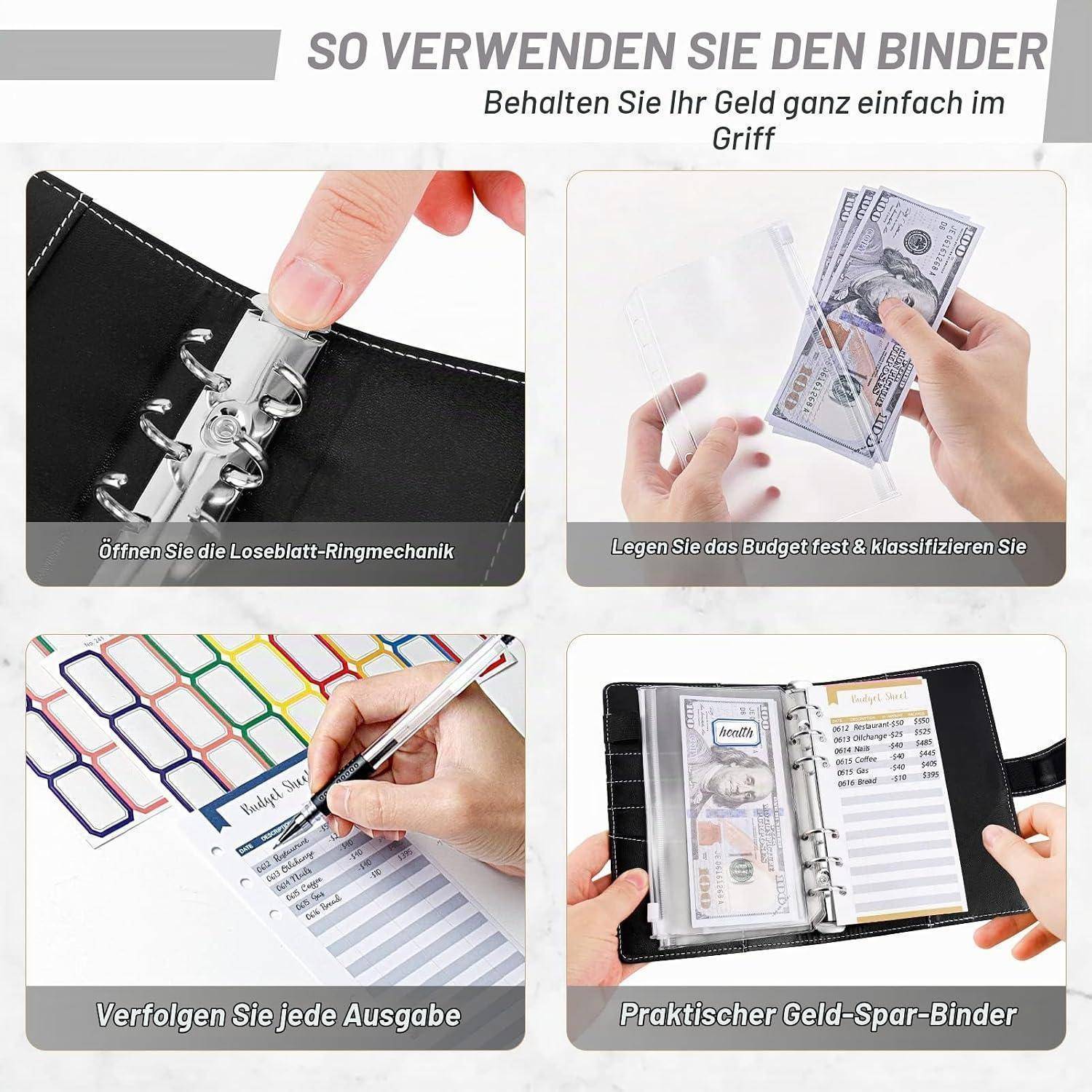 Infografik zum Verwenden eines Budget-Ordners: Öffnen Sie den Ringmechanismus, fügen Sie Bargeld ein, verfolgen Sie Ausgaben und organisieren Sie Geld mit einem praktischen Sparordner.