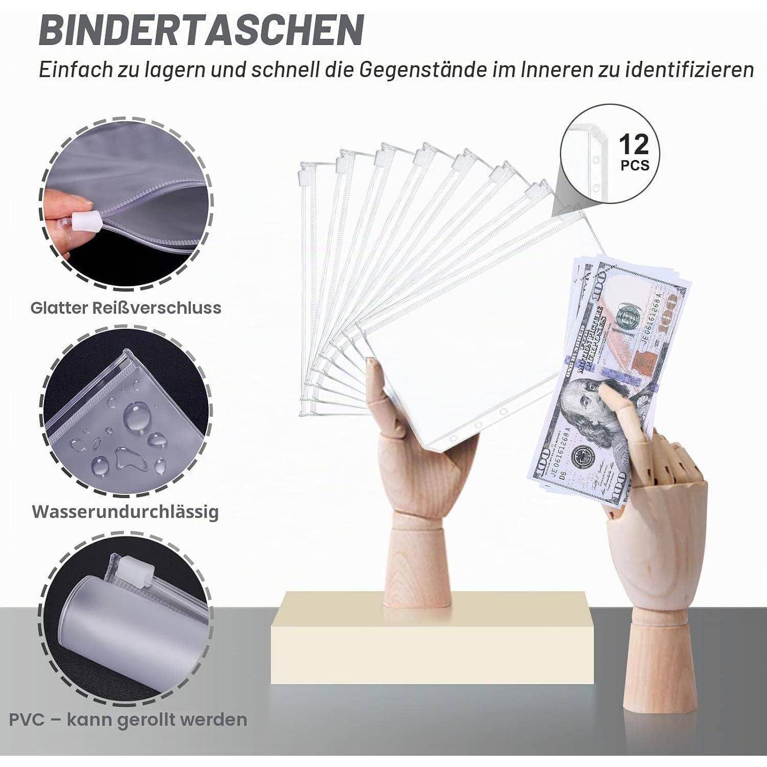 Angebot für Ordnermappen: durchsichtige Reißverschlusstasche aus PVC, wasserfest und rollbar, im 12er-Set zum Organisieren von Inhalten erhältlich.