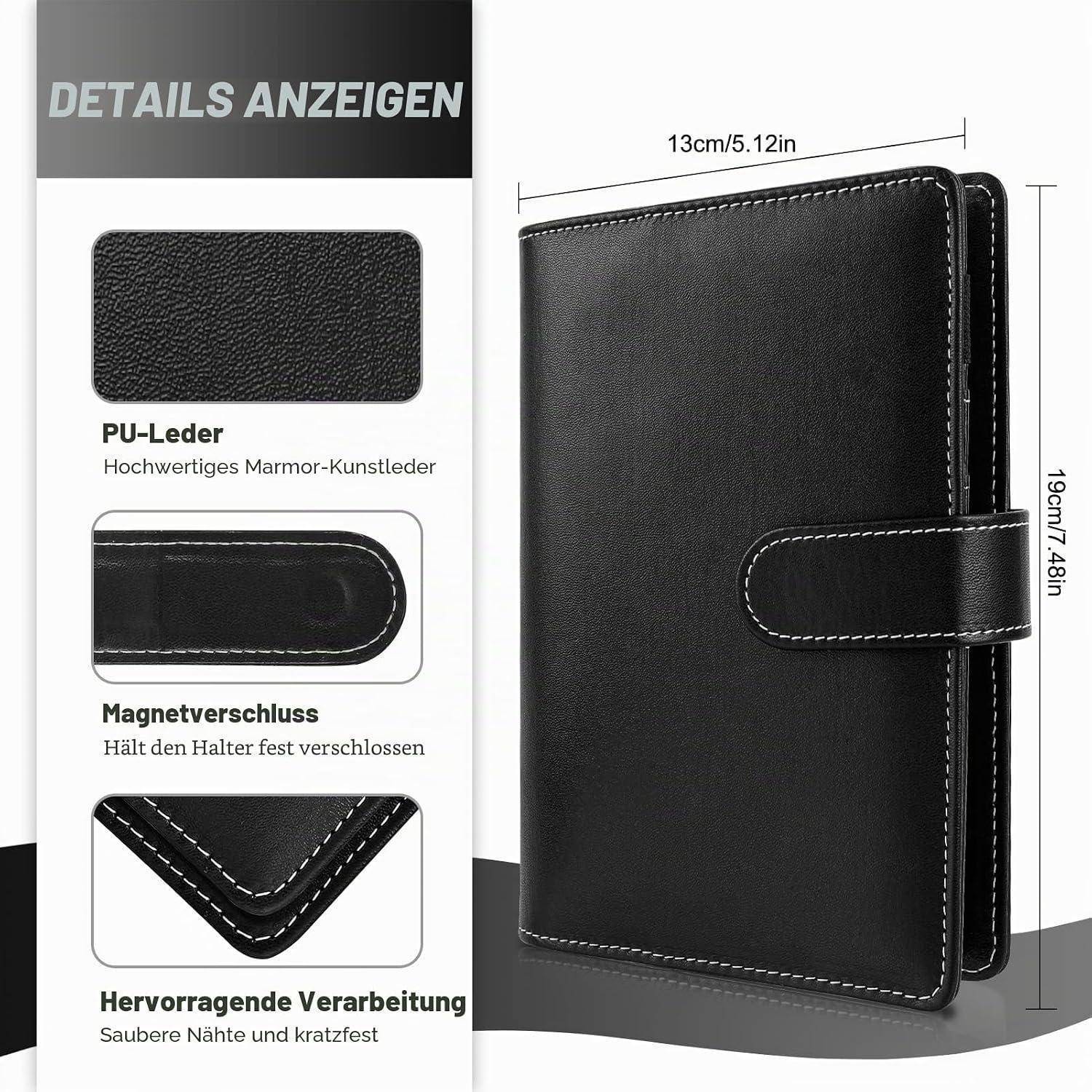 Schwarze PU-Leder-Mappe oder Handyhülle mit Magnetverschluss, gezeigt mit Abmessungen von 13 cm mal 19 cm und Funktionsbeschreibungen für Material, Verschluss und Nähte.