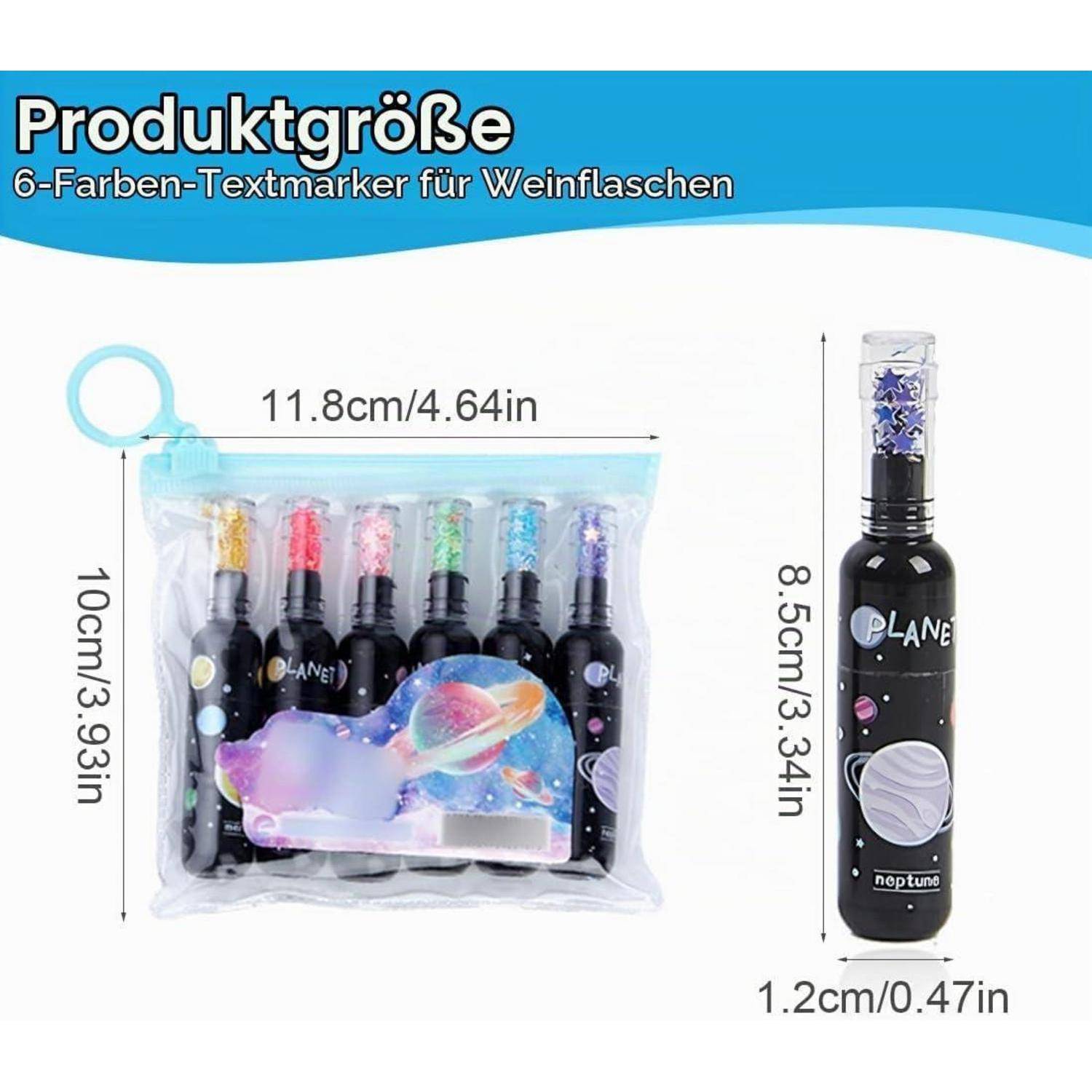 Produktgrößendiagramm für 6-Farben-Textmarker für Weinflaschen, das eine 11,8 cm x 10 cm Tasche und einen 8,5 cm hohen Marker mit 1,2 cm Breite zeigt.