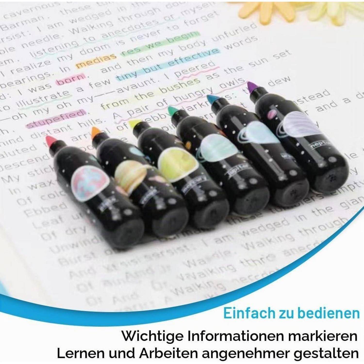 Reihe bunter Text-Marker auf einer Seite mit hervorgehobenen Wörtern; deutscher Text sagt „Einfach zu bedienen" und „Wichtige Informationen markieren"".