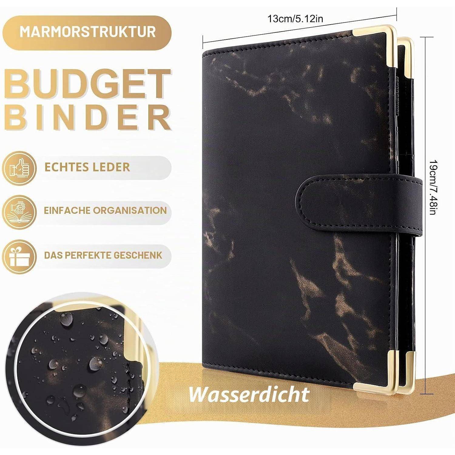 Schwarzer Marmormuster-Budget-Ordner mit Riemenverschluss; gekennzeichnet als wasserdicht, echtes Leder und einfache Organisation, gezeigt mit Abmessungen von 13 cm mal 19 cm.