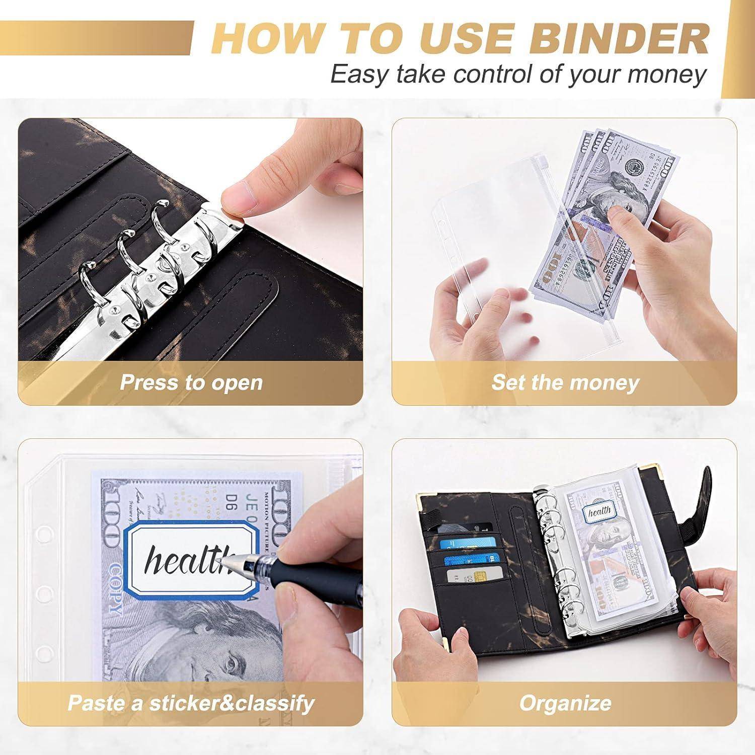 Anleihungsgrafik zur Verwendung einer Bindertasche: Drücken zum Öffnen, Geld einlegen, Aufkleber anbringen und klassifizieren, dann Karten und Bargeld organisieren.