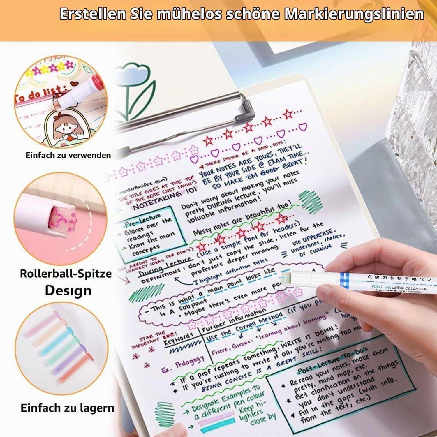 Werbebild zeigt eine Hand, die mit einem transparenten Rollerball-Marker farbige Unterstriche und Notizen auf einer handschriftlichen Seite erstellt, mit deutschem Text, der die einfache Bedienung, das Rollerball-Spitzen-Design und die einfache Aufbewahrung hervorhebt.