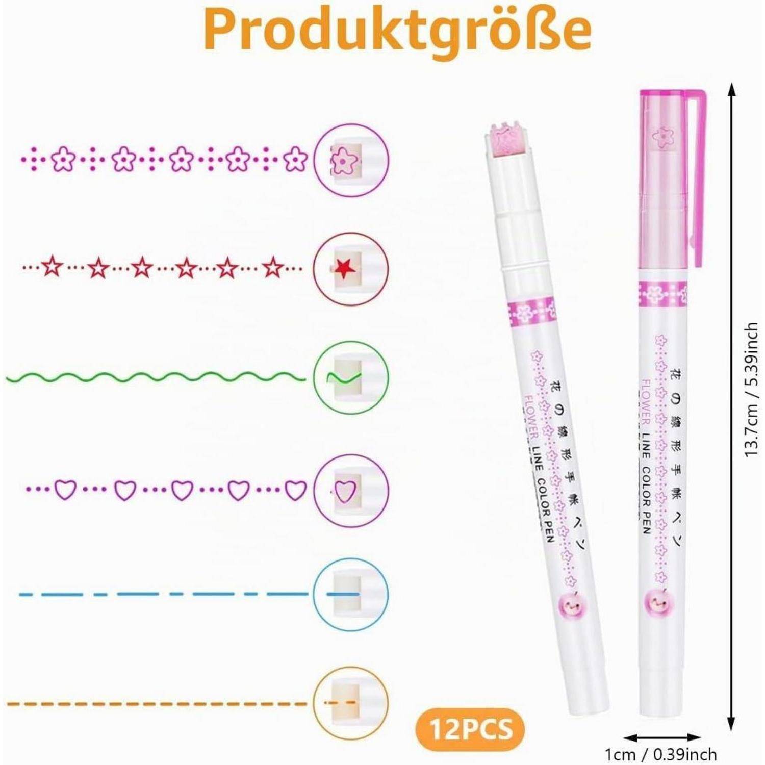 Größentabelle für 12 rosa-weiße Kugelschreiber mit dekorativen Spitzenstilen, Stifthöhe 13,7 cm und Breite 1 cm.