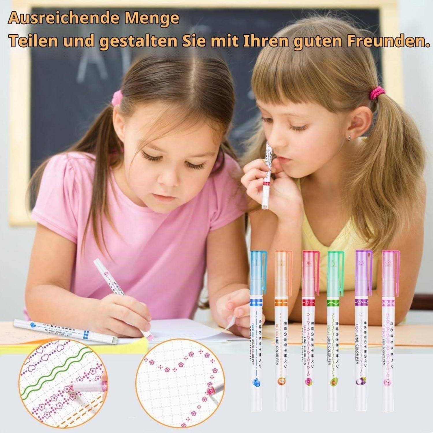 Zwei junge Mädchen benutzen bunte gemusterte Stifte an einem Schreibtisch, wobei sechs Stifte angezeigt werden und deutscher Text das Teilen und die Kreativität fördert.