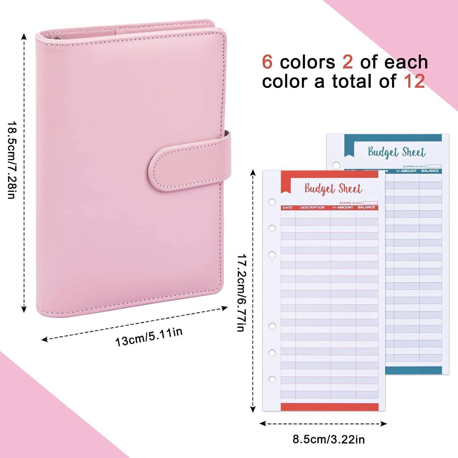 Rosaner Kunstleder-Budget-Planer-Ordner mit Abmessungen von 18,5 x 13 cm und Budget-Blatt-Einsätzen von 17,2 x 8,5 cm; 6 Farben, je 2 Stück, insgesamt 12 Stück.