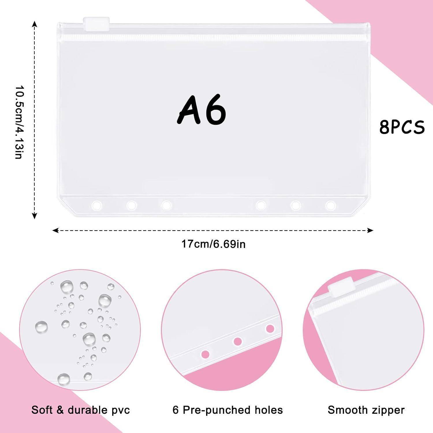 A6 durchsichtige PVC-Reißverschlussbeutel, 17 x 10,5 cm, 8 Stück; gekennzeichnet mit weichem strapazierfähigem Material, 6 vorgebohrte Löcher und glatter Reißverschluss.