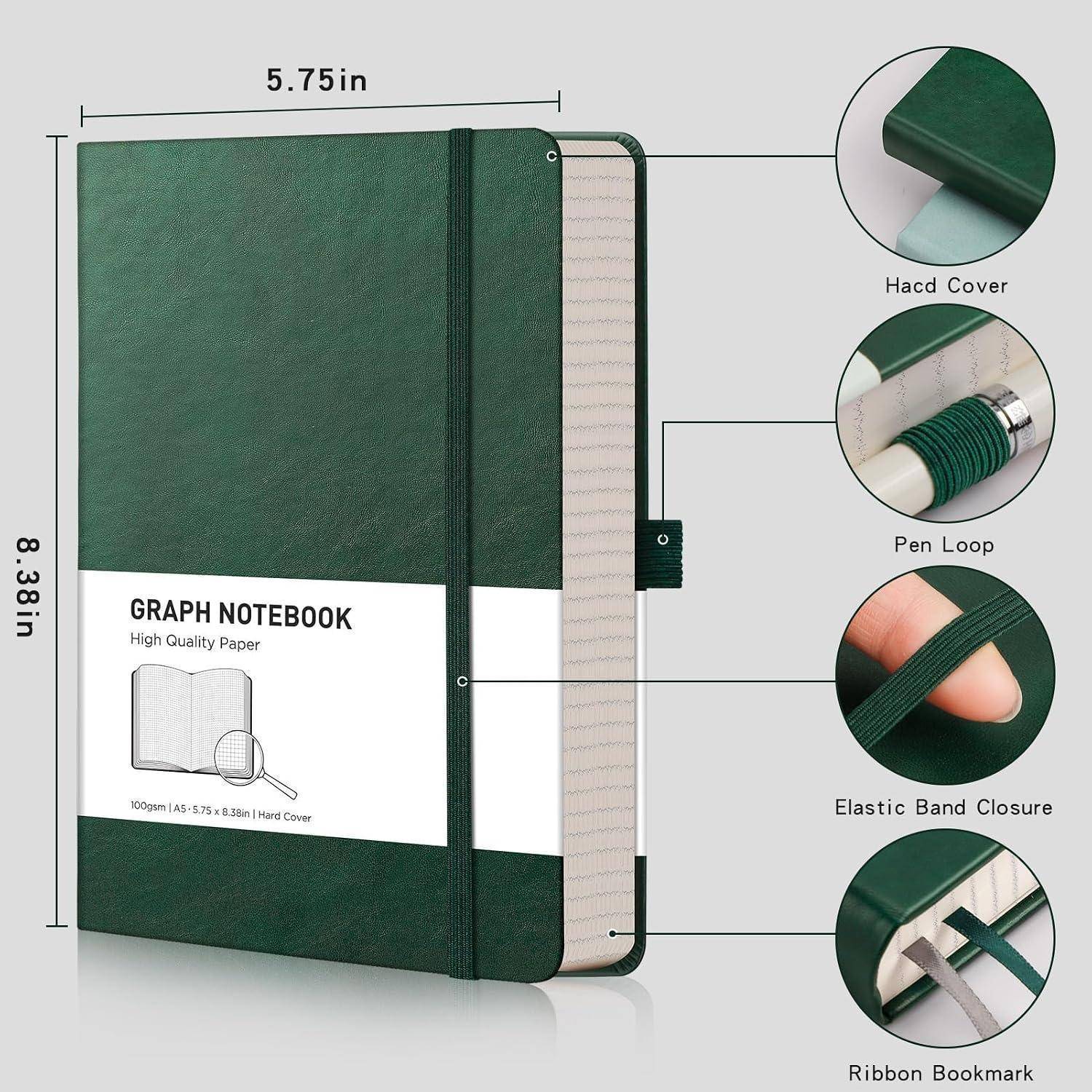 Grünes Notizbuch mit Graph-Papier, fester Einband, Stiftschlaufe, elastischer Verschluss und Lesebändchen; beschriftet 5,75 x 8,38 Zoll.