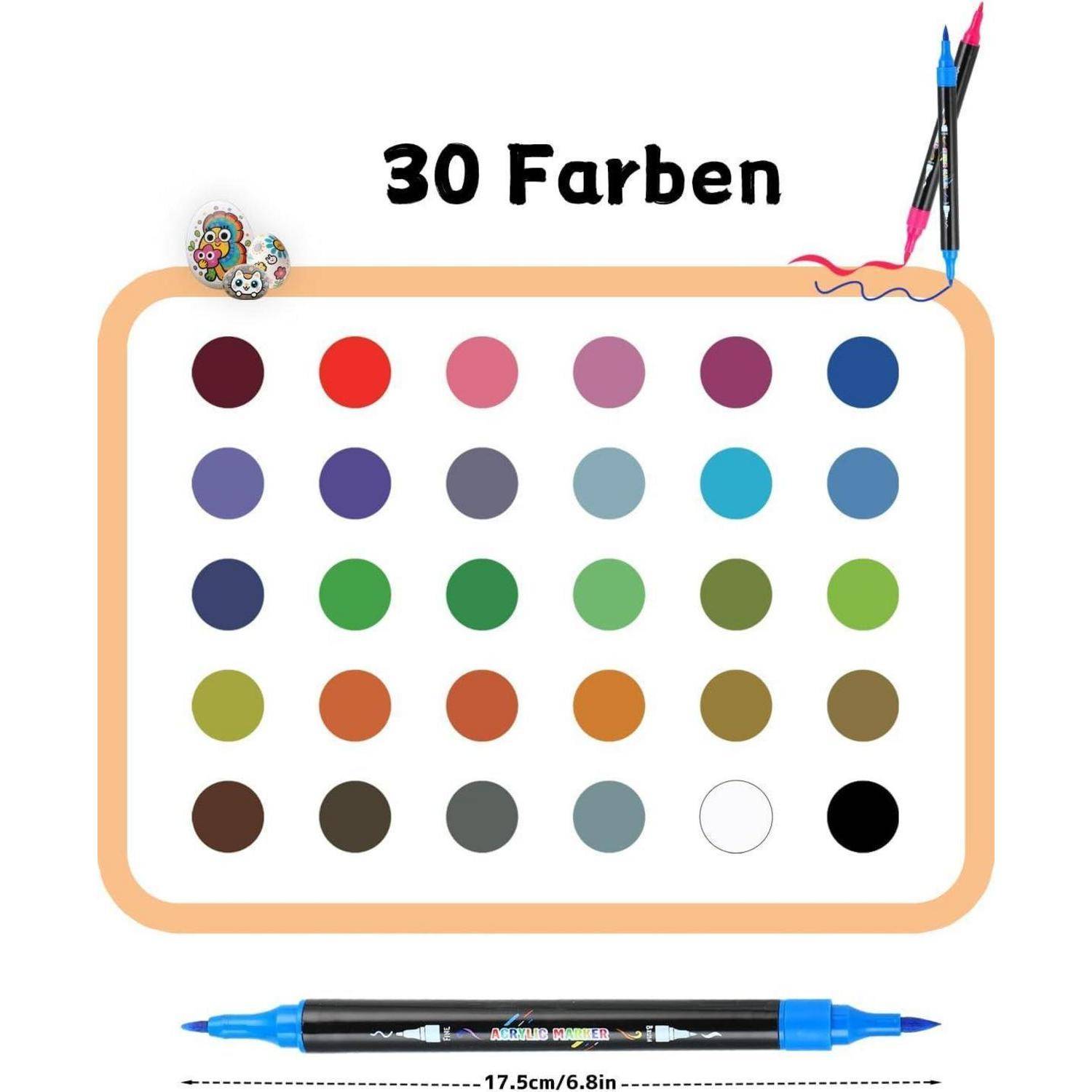 Plakat mit dem Titel '30 Farben' zeigt ein 5x6-Raster mit 30 Farbmustern, mit Markern und einer kleinen Eulendeko.