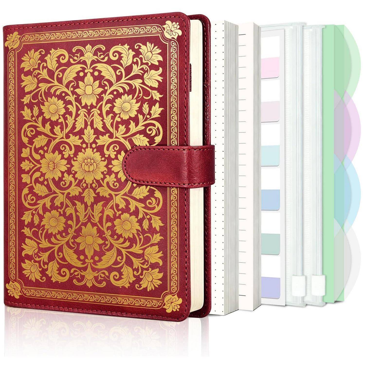 Roter Blüten-Planer oder Notizbuch mit Riemenverschluss, aufgeklappt mit mehreren farbigen Register-Laschen und Seiten im Inneren.
