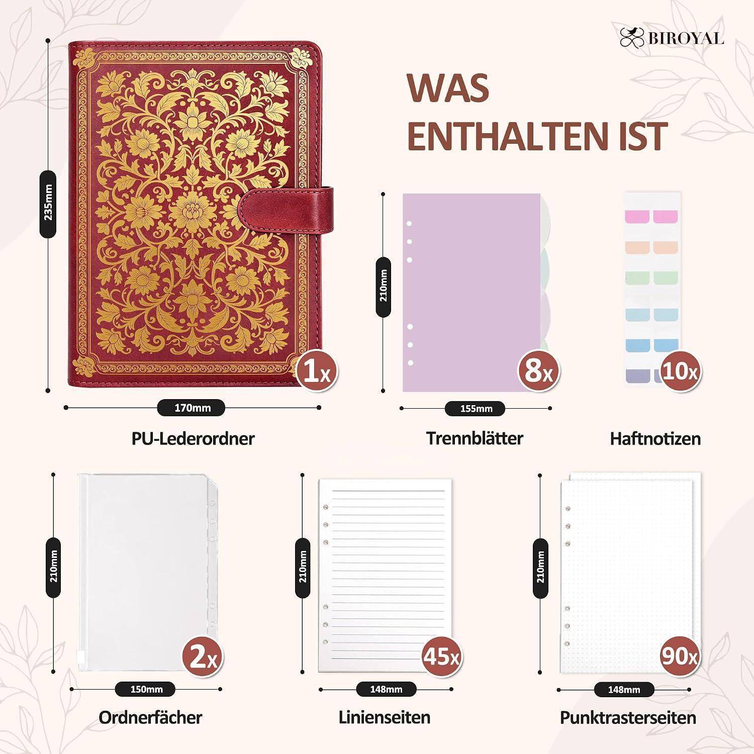 Geschenkset-Inhalt mit Mengen und Größen: PU-Leder-Ordner, 8 Trennblätter, 10 Haftnotizen, 2 Taschen, 45 linierte Seiten und 90 Millimeterpapier-Seiten.
