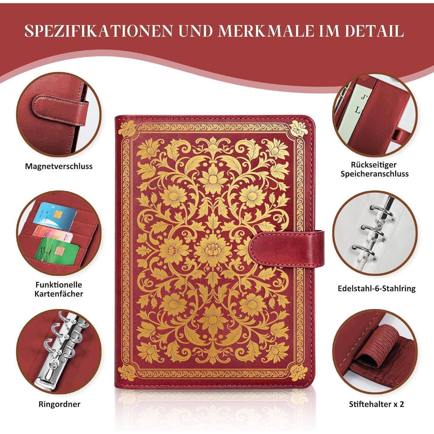 Dekoratives rotes ringgebundenes Notizbuch mit goldenem Blumencover, Magnetverschluss, Kartentaschen, Rückentasche, Stiftschlaufen und 6-Ring-Bindung, beschriftet in deutscher Sprache.