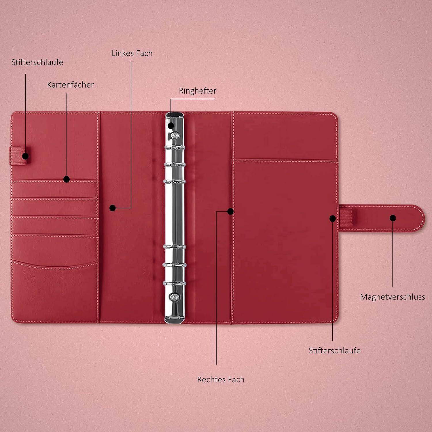 Roter beschrifteter Ringordner mit Kartensteckplätzen, linkem und rechtem Fach, Stiftschlaufen und magnetischer Verschlussfunktion auf rosa Hintergrund.