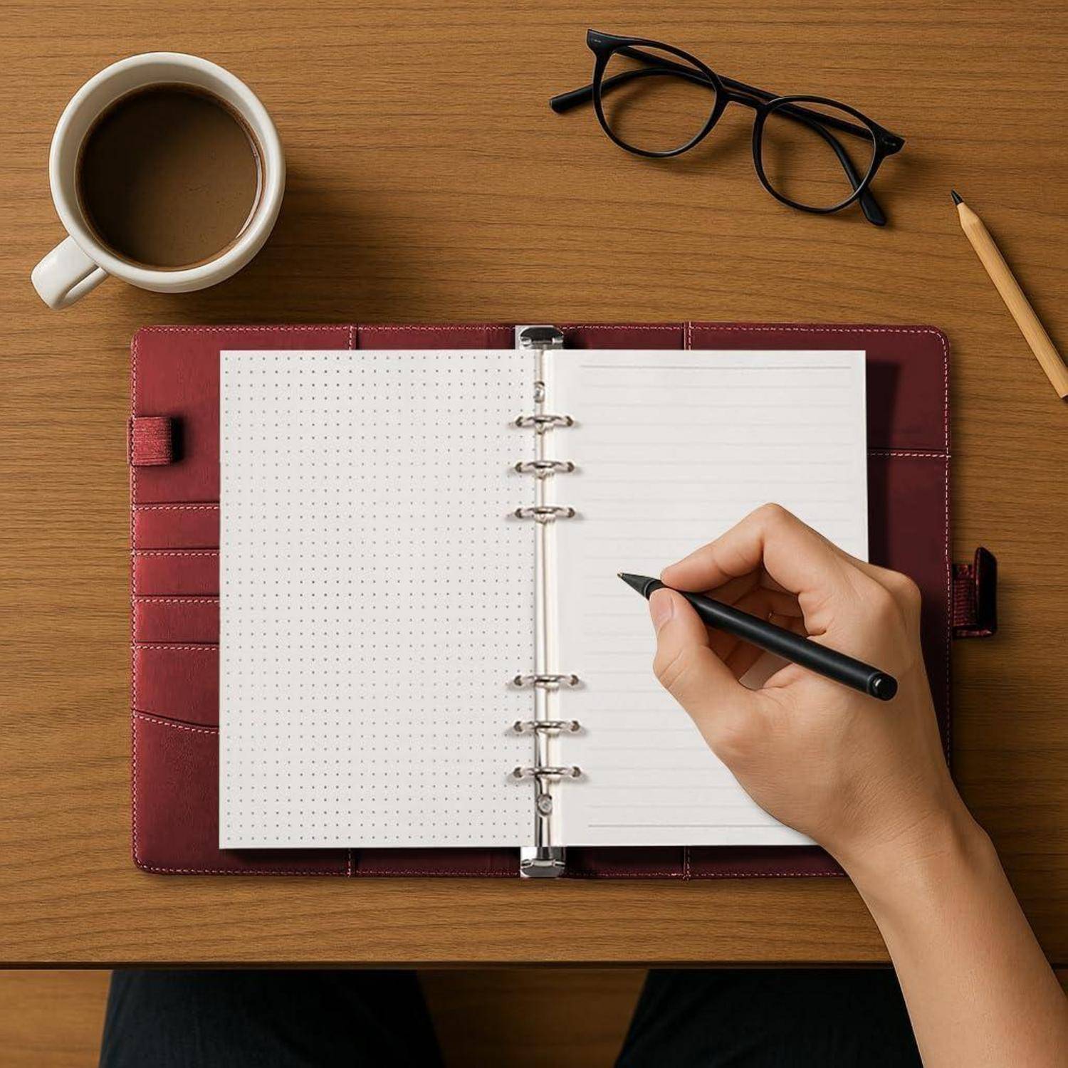 Handschrift in einem offenen spiralgebundenen Notizbuch auf einem Holzschreibtisch mit Kaffee, Brille und einem Bleistift in der Nähe.