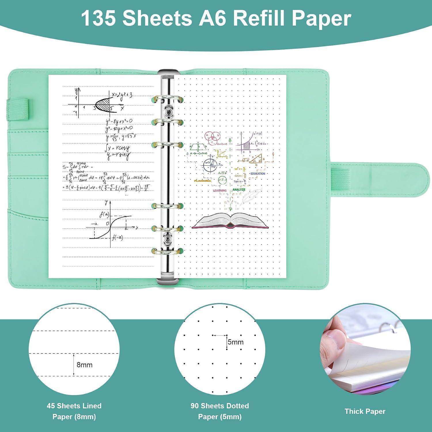 Mintgrüner A6-Ringbinder-Notizbuch mit 135 Nachfüllblättern, aufgeschlagen auf linierte und gepunktete Seiten, zeigt Papiergröße- und Dickmerkmale.