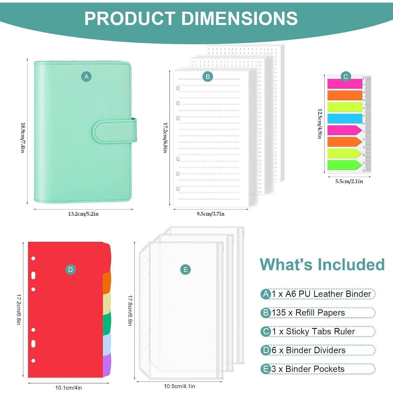 AKONEGE Ringbuch A6 PU-Leder nachfüllbares Notizbuch mit 135 Blatt 6 Löcher A6-Nachfüllpapier, Bindertaschen, Trennblätter, Haftmarkern, Planer-Or