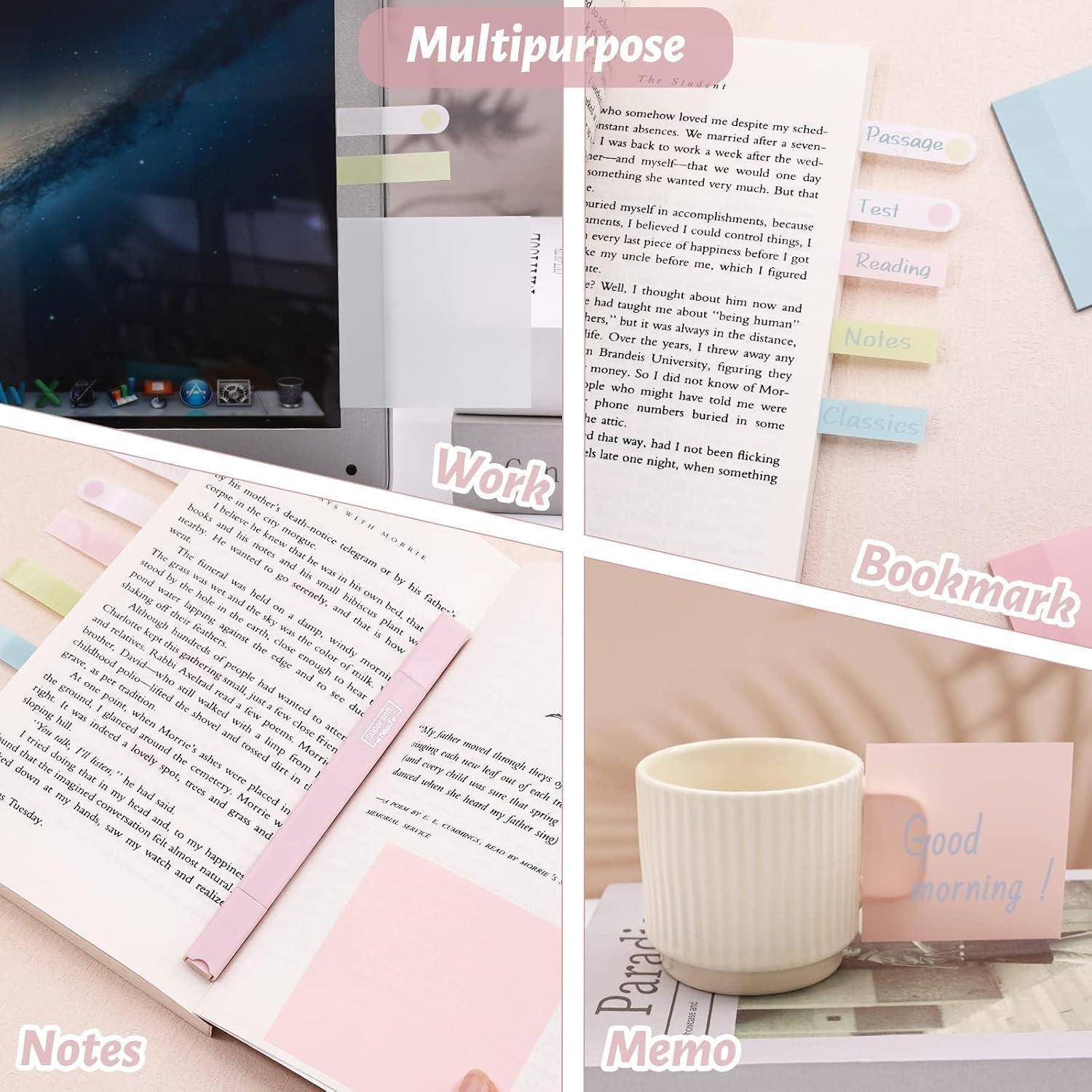 Collage mit verschiedenen Verwendungen von Pastell-Schreibwaren: ein Arbeitstisch, kommentierte Notizen, bunte Lesezeichen und ein Memo mit einer Tasse, auf der „Guten Morgen