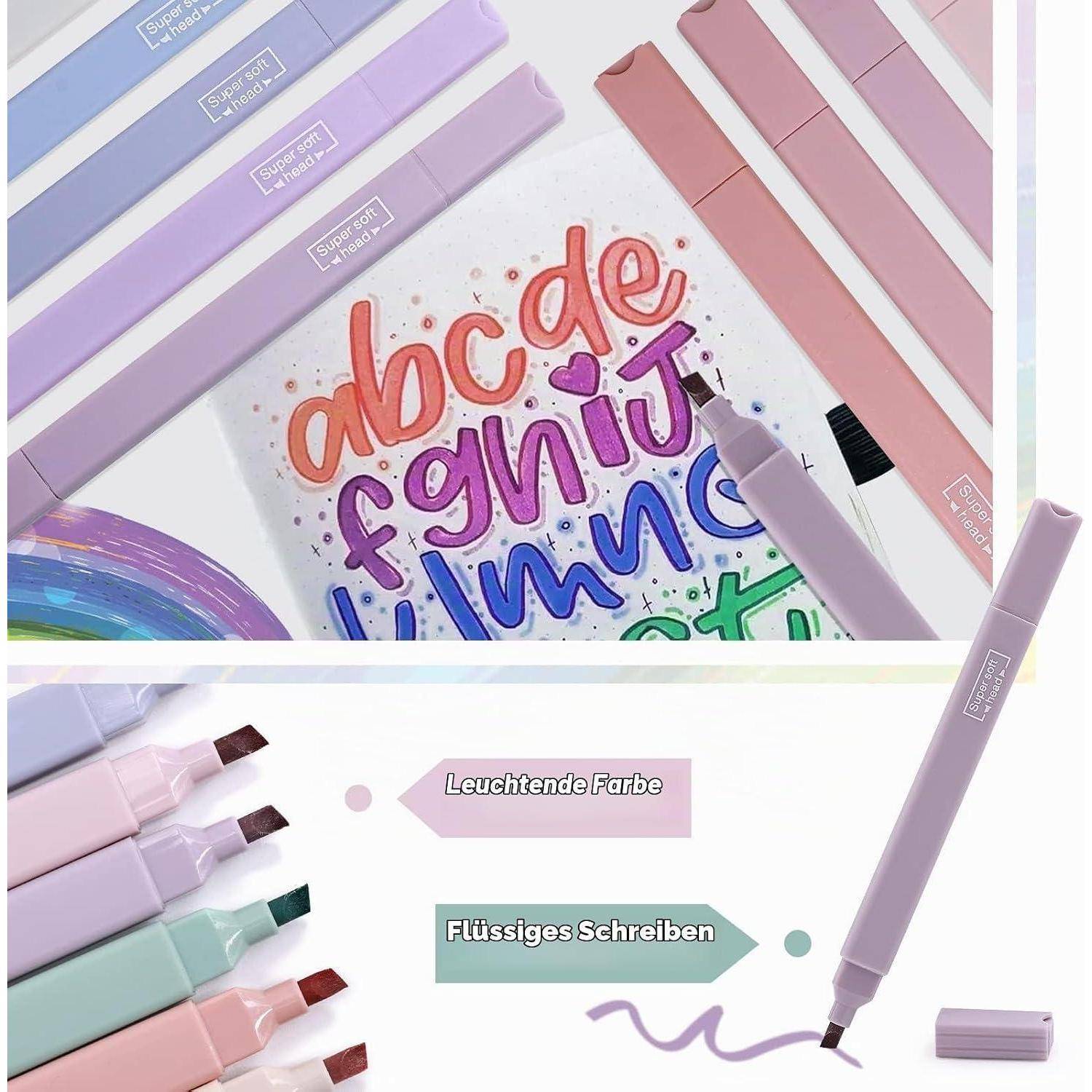 Pastellfarbene Pinselstiftstifte mit Beispielschriften und deutschen Beschriftungen 