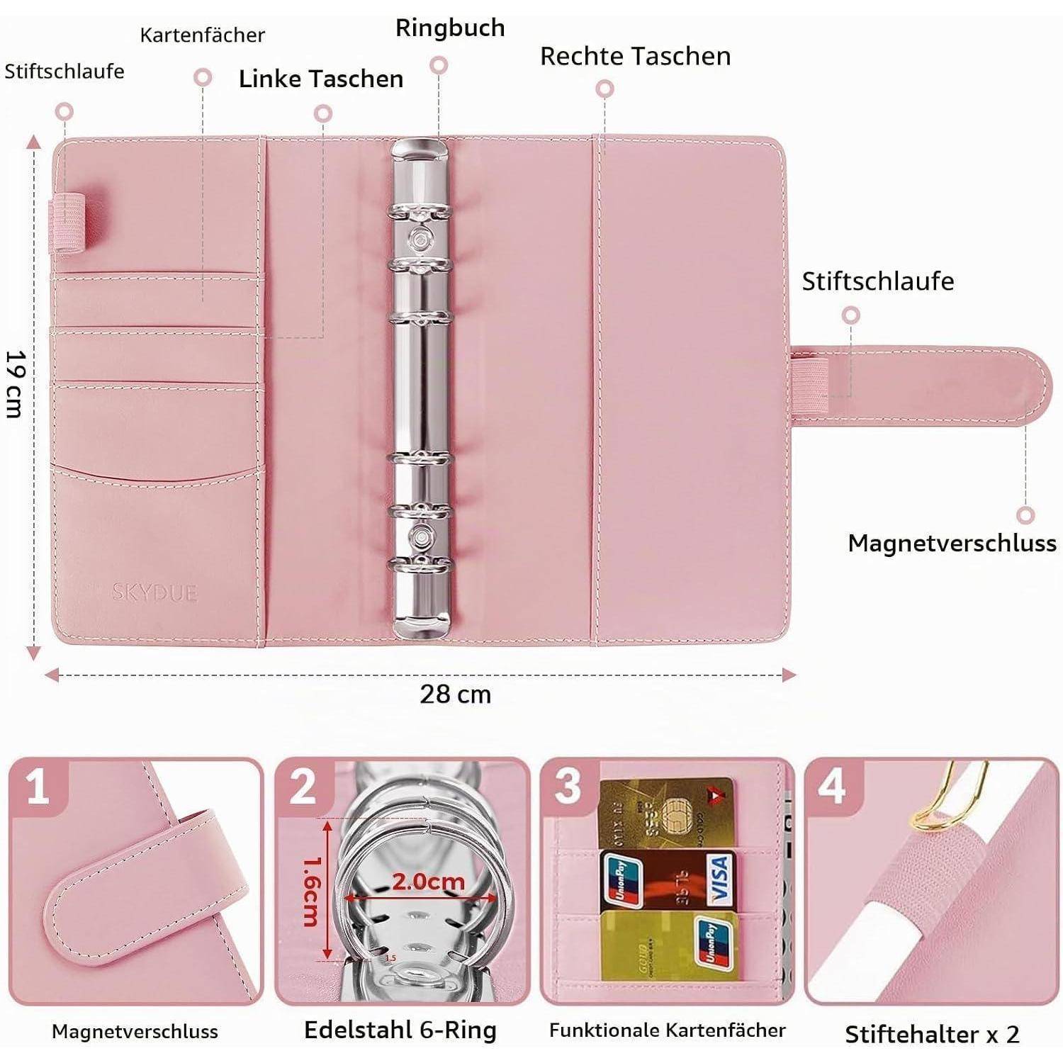 Diagramm eines rosafarbenen Ordnerorganizers mit Taschen, Kartenfächern, Stiftschleifen, 6-Ring-Metallbinder, Magnetverschluss und Größe 28 cm x 19 cm.