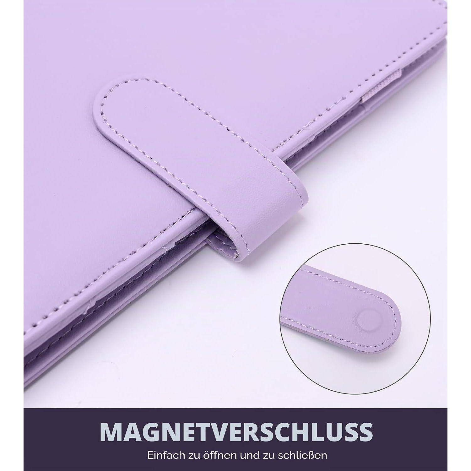 Lavender-Notizbucheinband mit Magnetverschluss; eingefügte Nahaufnahme zeigt den Druckknopfverschluss, beschriftet mit 'MAGNETVERSCHLUSS' und 'Einfach zu öffnen und zu schließen'.