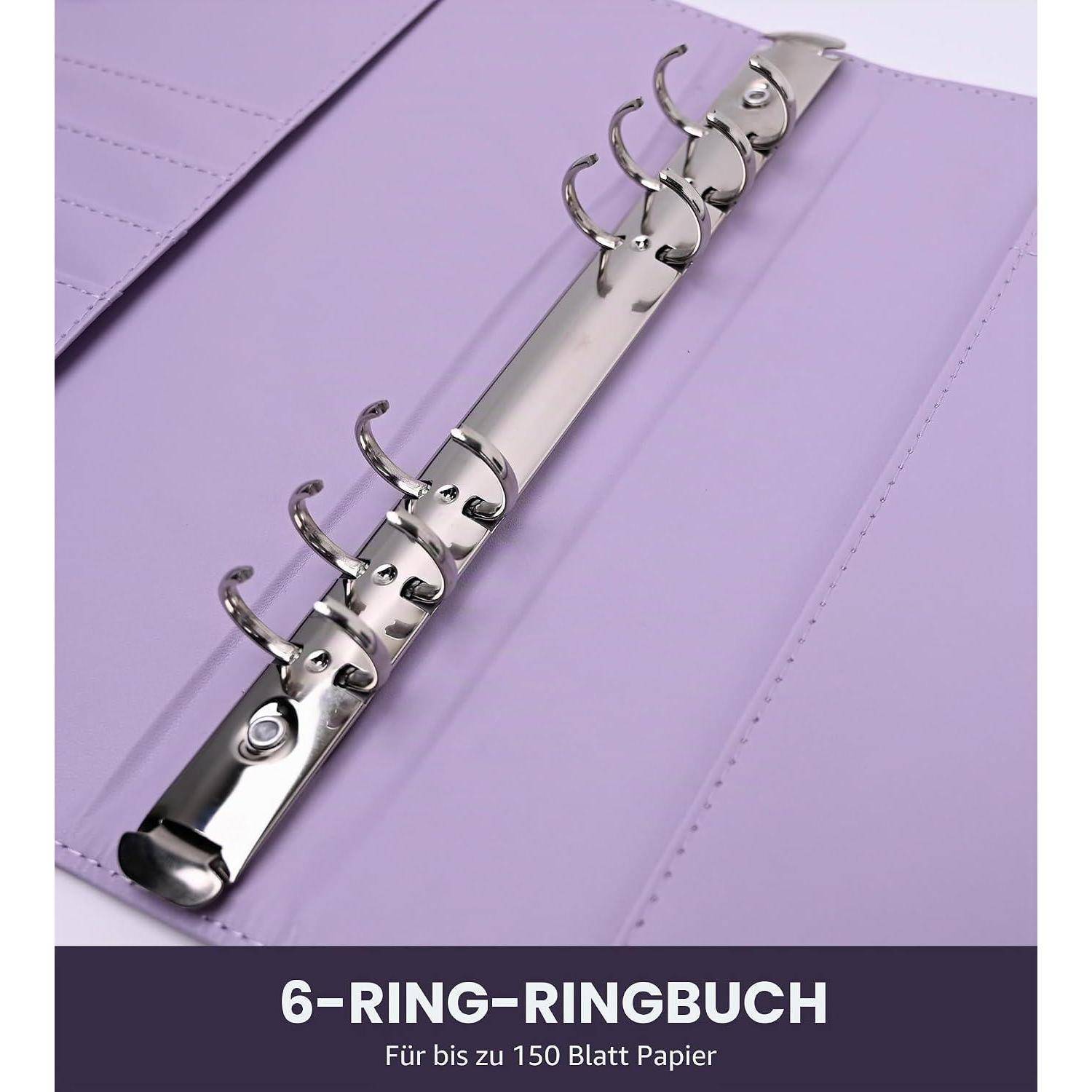 Lila 6-Ring-Bindermechanismus für bis zu 150 Blatt Papier, auf dem Einband mit dem Text „6-RING-RINGBUCH