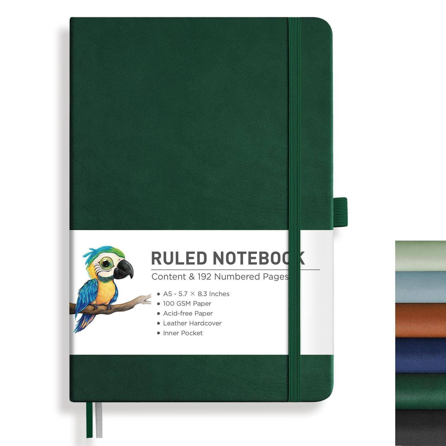 Grünes kariertes Notizbuch mit elastischem Verschluss, weißes Etikett mit der Aufschrift „RULED NOTEBOOK