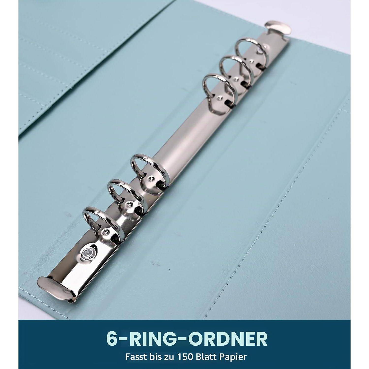 Hellblaues 6-Ring-Bindemechanismus auf einem Umschlag, beschriftet mit „6-RING-ORDNER