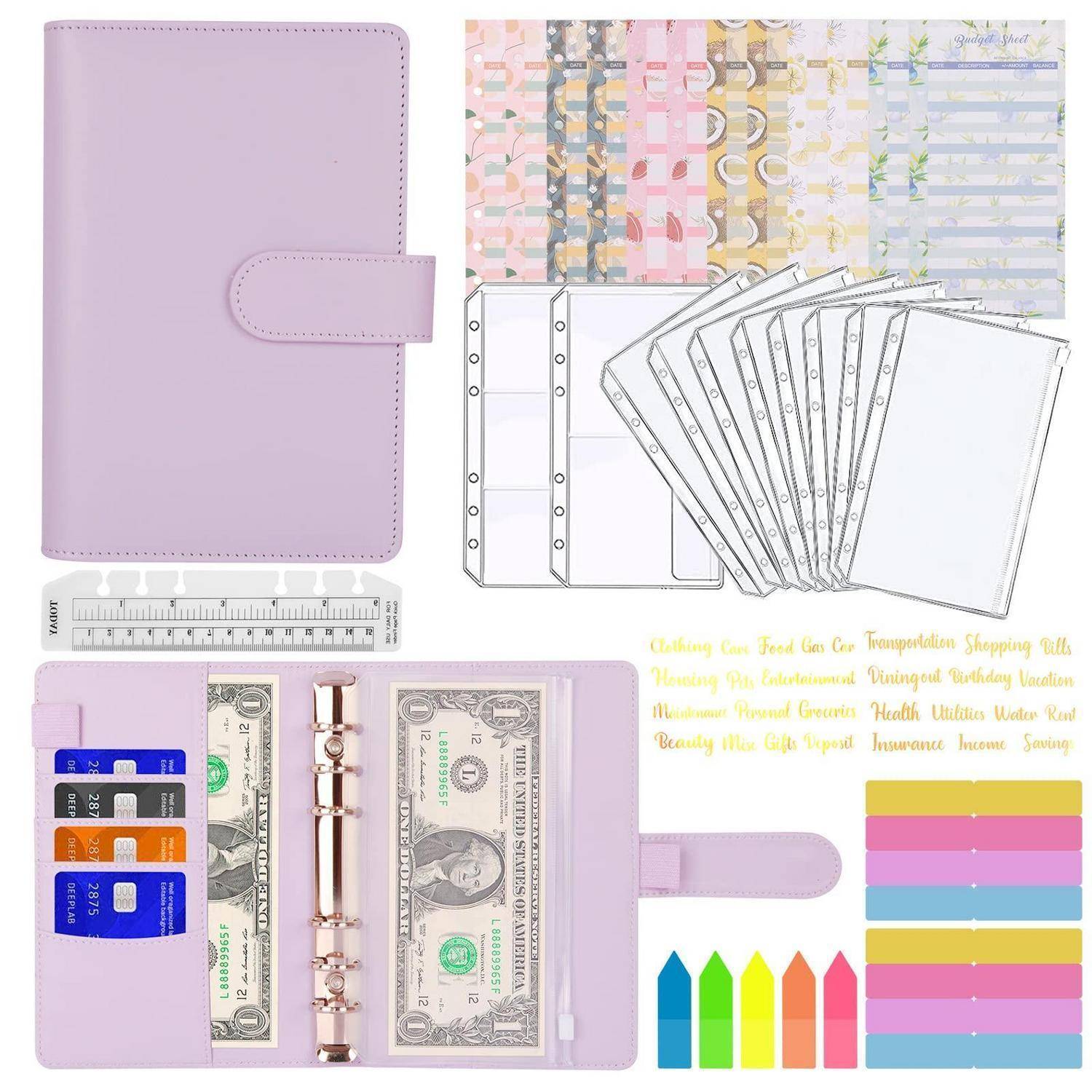 Lavendel-Personalplaner mit Lineal und Trennblättern, gezeigt mit mehreren Einlagen, Kartenfächern, Geldtaschen, Haftnotizen und Farbetiketten.