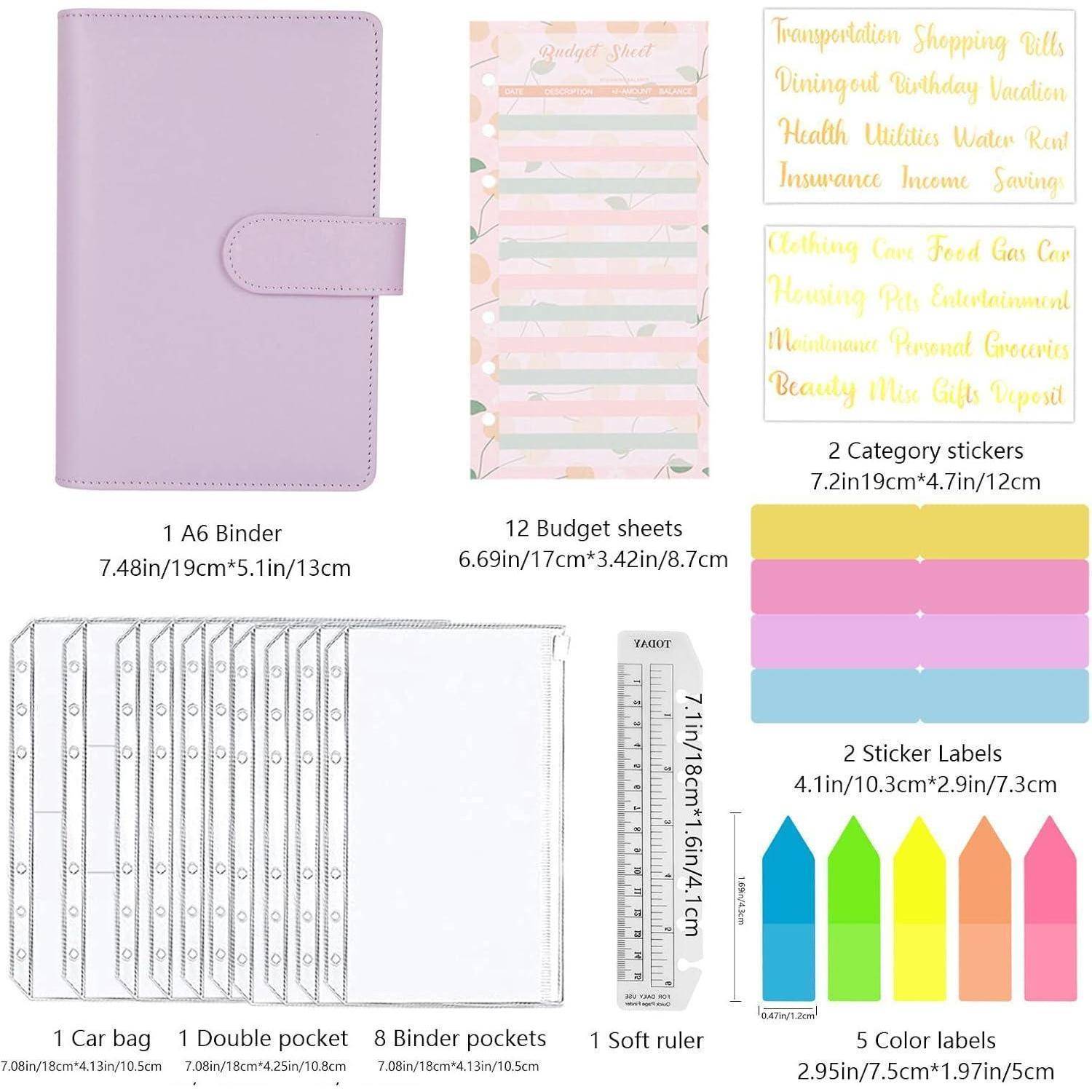 Plum A6 Binderset mit 12 Budget-Blättern, 2 Kategorie-Aufkleber-Blättern, 2 Etiketten, 5 Farb-Registern, 8 Ordner-Taschen, Autotasche und Lineal.