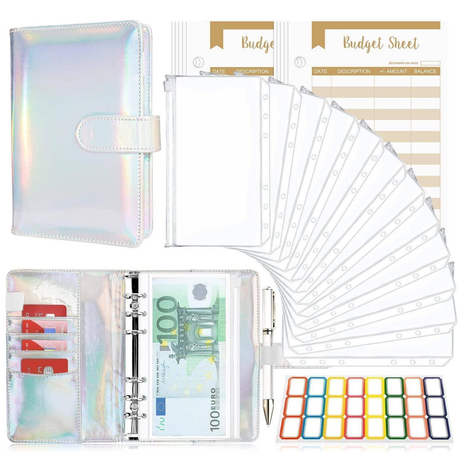 Schillerndes Binderorganizer-Set mit Budgetblättern, transparenten Tascheneinsätzen, Geldtasche, Stift und farbigen Etikettenstickern zum Budgetieren.