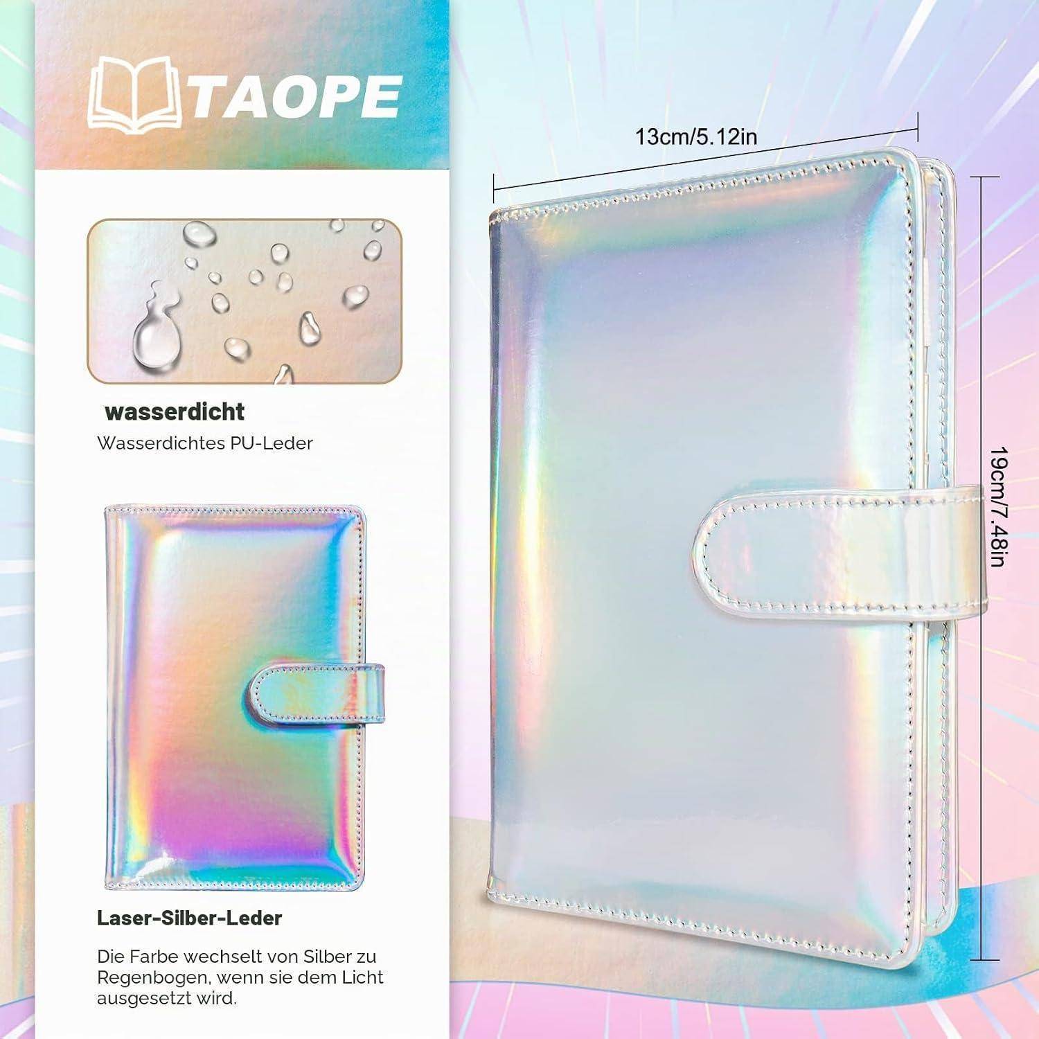Holographisches TAOPE PU-Leder-Notizbuch- oder Plannercover, gezeigt mit wasserdichter und Laser-Silber-Oberflächenfinish; Größenetiketten zeigen 13 cm x 19 cm an.