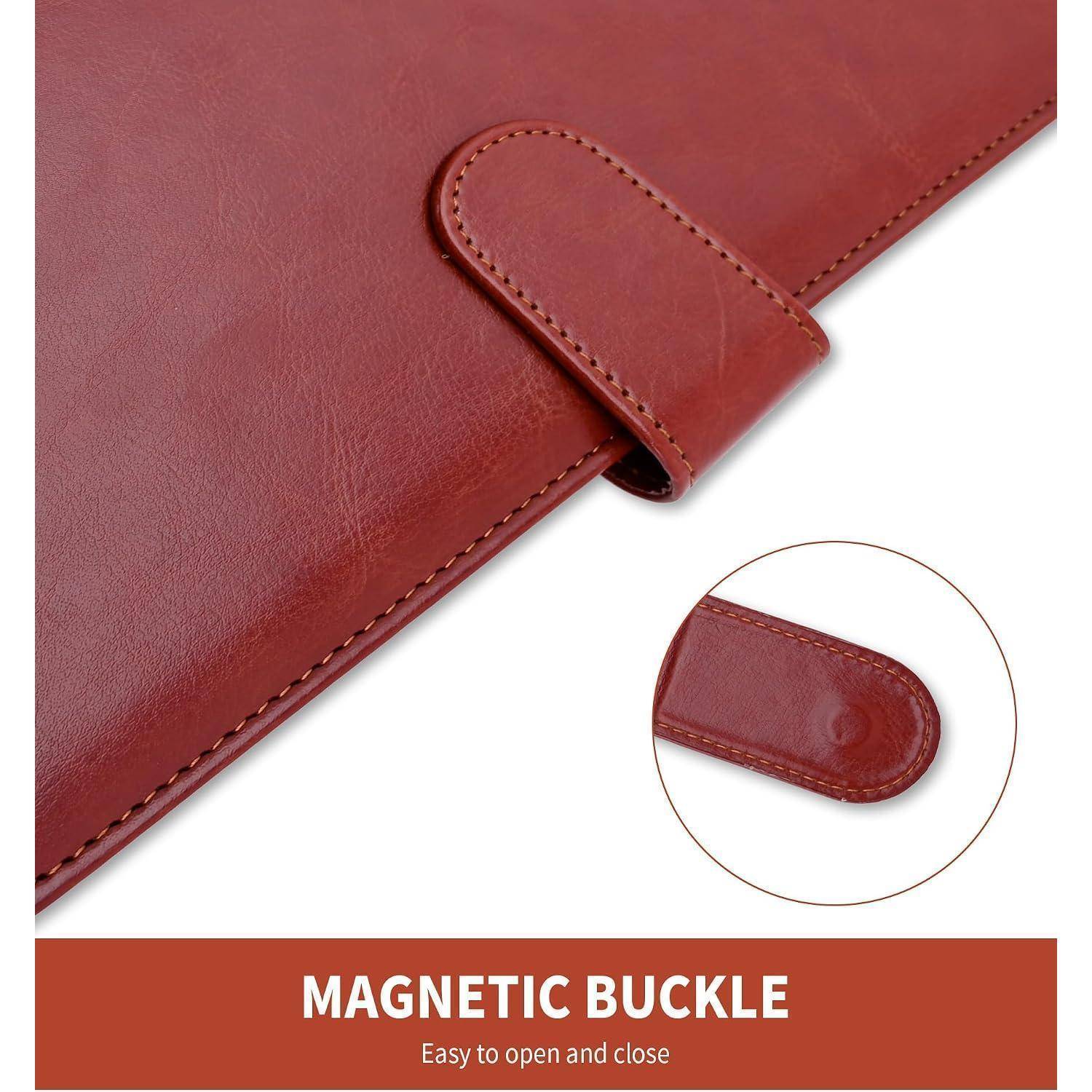 Nahaufnahme einer roten Lederklappe mit magnetischem Schnallenverschluss, mit den Beschriftungen „MAGNETIC BUCKLE