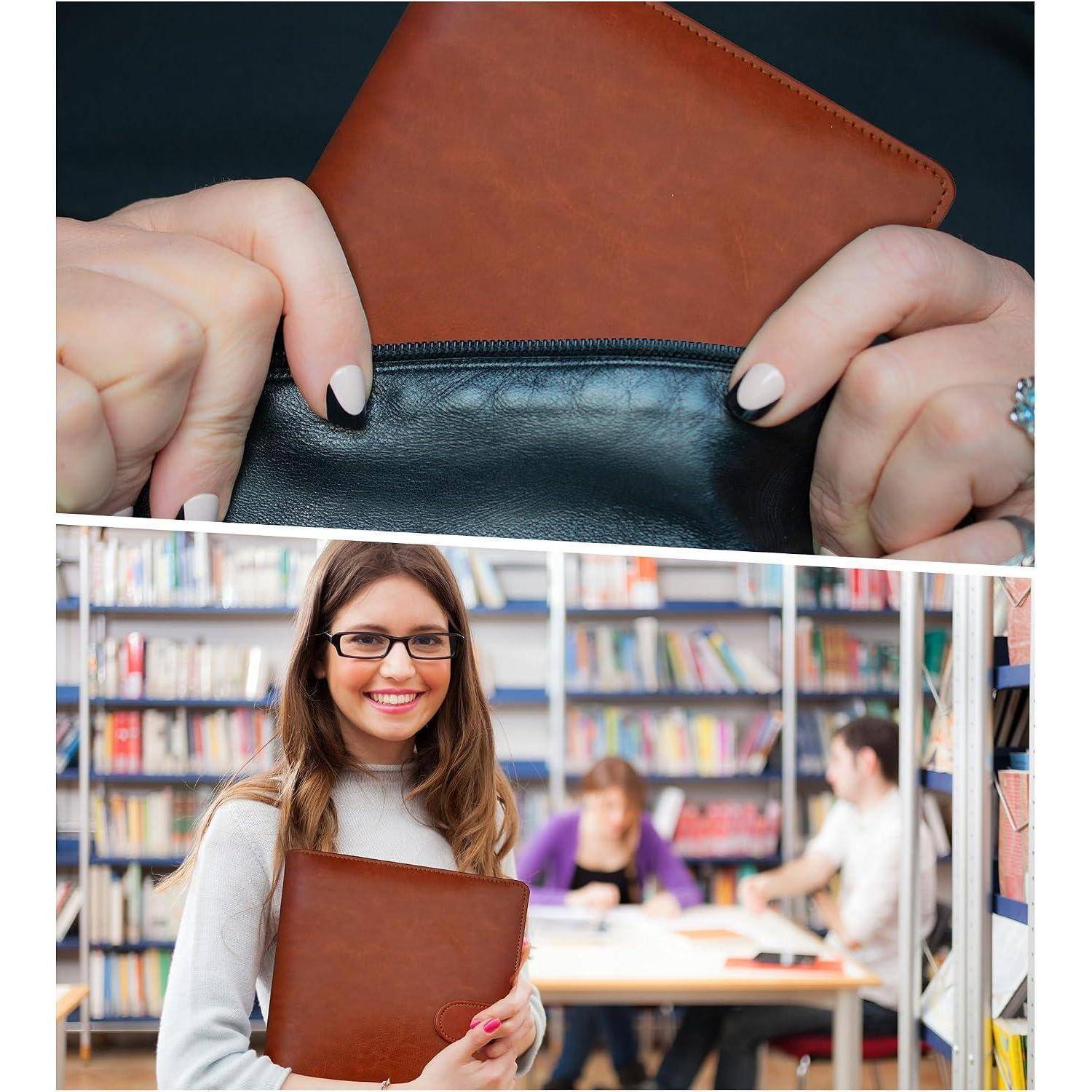 Composite-Bild zeigt oben eine braune Geldbörse und Hände, die eine schwarze Geldbörse öffnen, und unten eine lächelnde junge Frau, die einen braunen Ordner in einer Bibliothek hält.